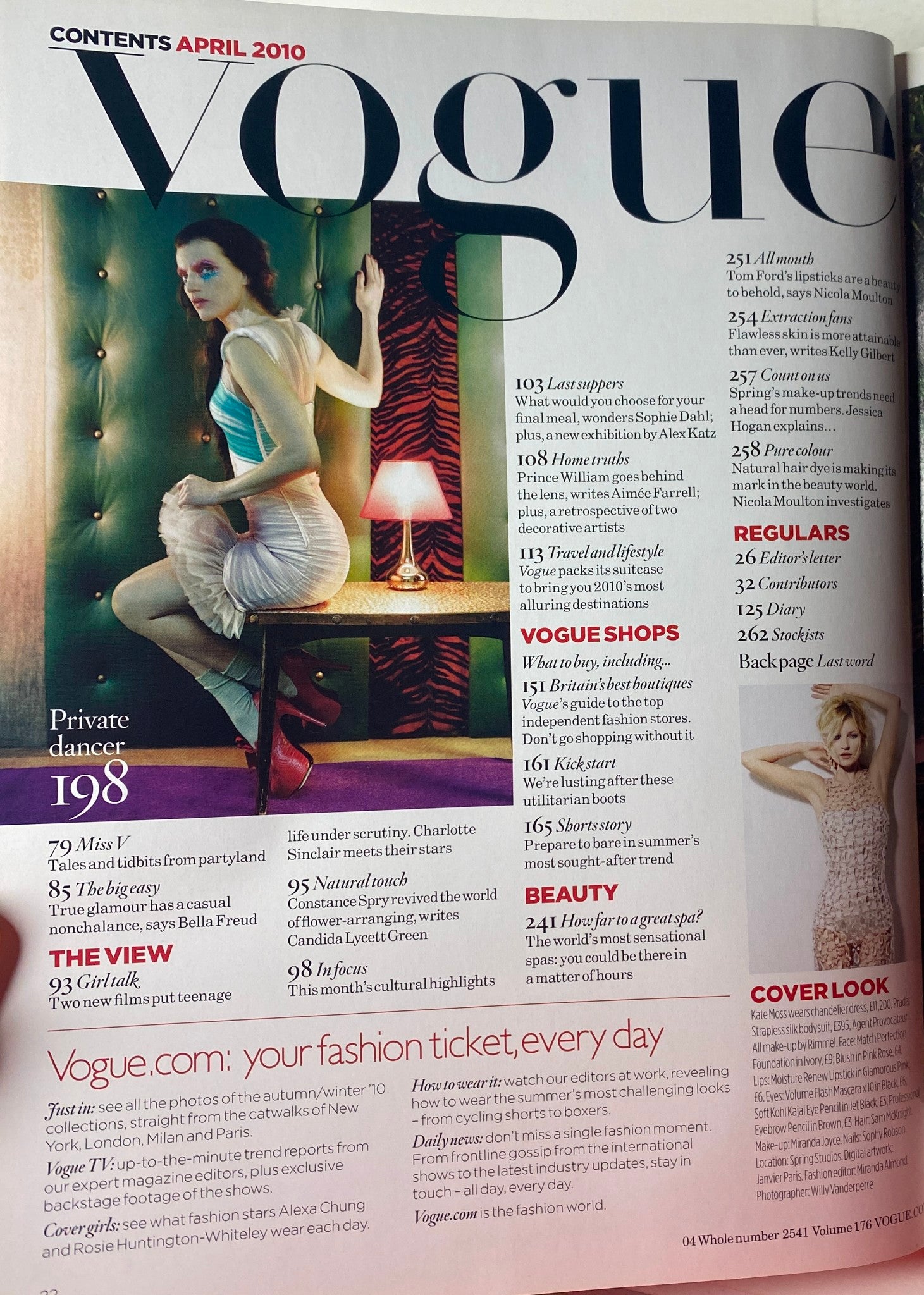 Contents page of Vogue British Magazine April 2010, outlining articles including features on fashion and social commentary.