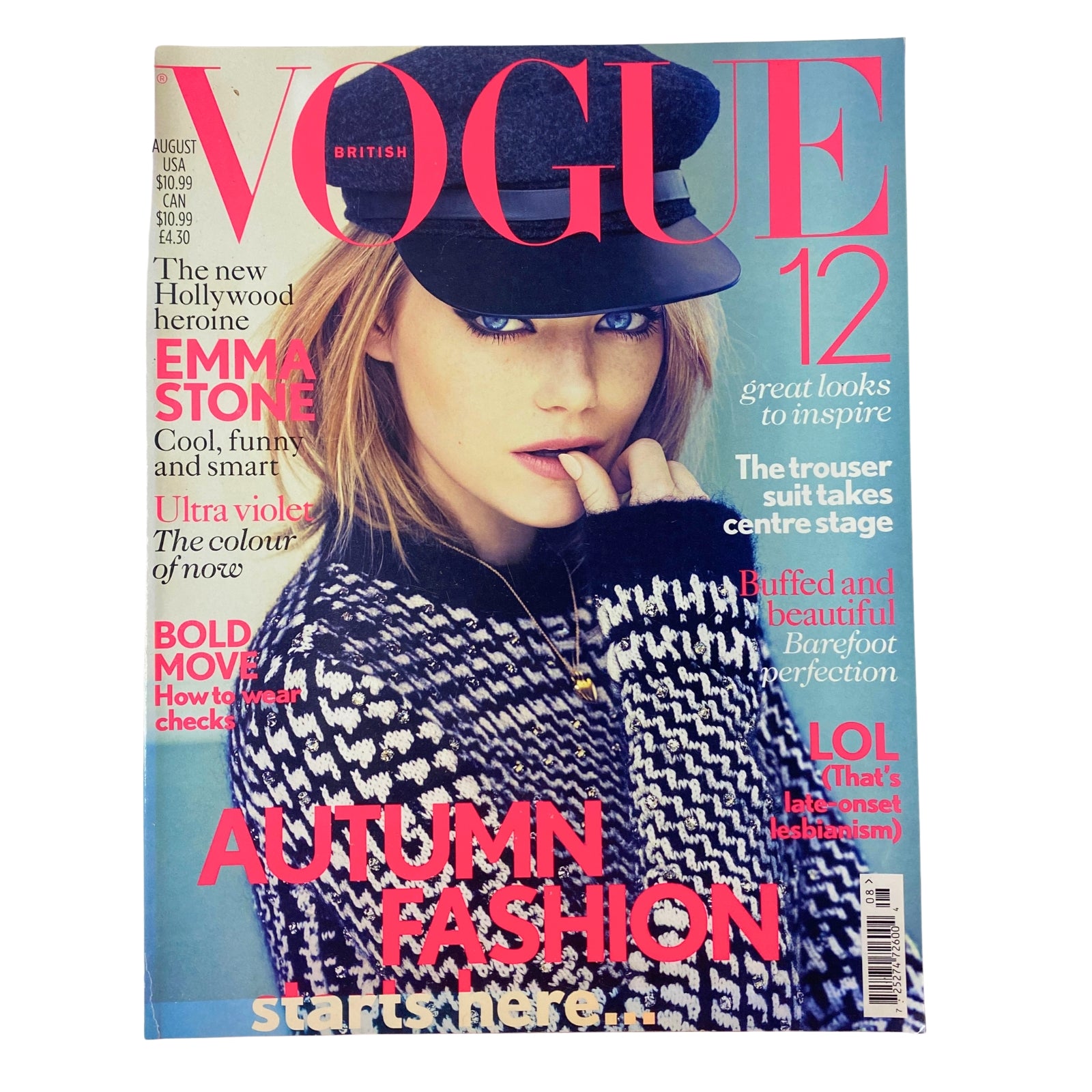 Vogue British Magazine August 2012 Emma Stone Cover No Label VG, showcasing Emma Stone in a stylish monochrome outfit, wearing a houndstooth cap, with bold text highlighting Autumn Fashion.