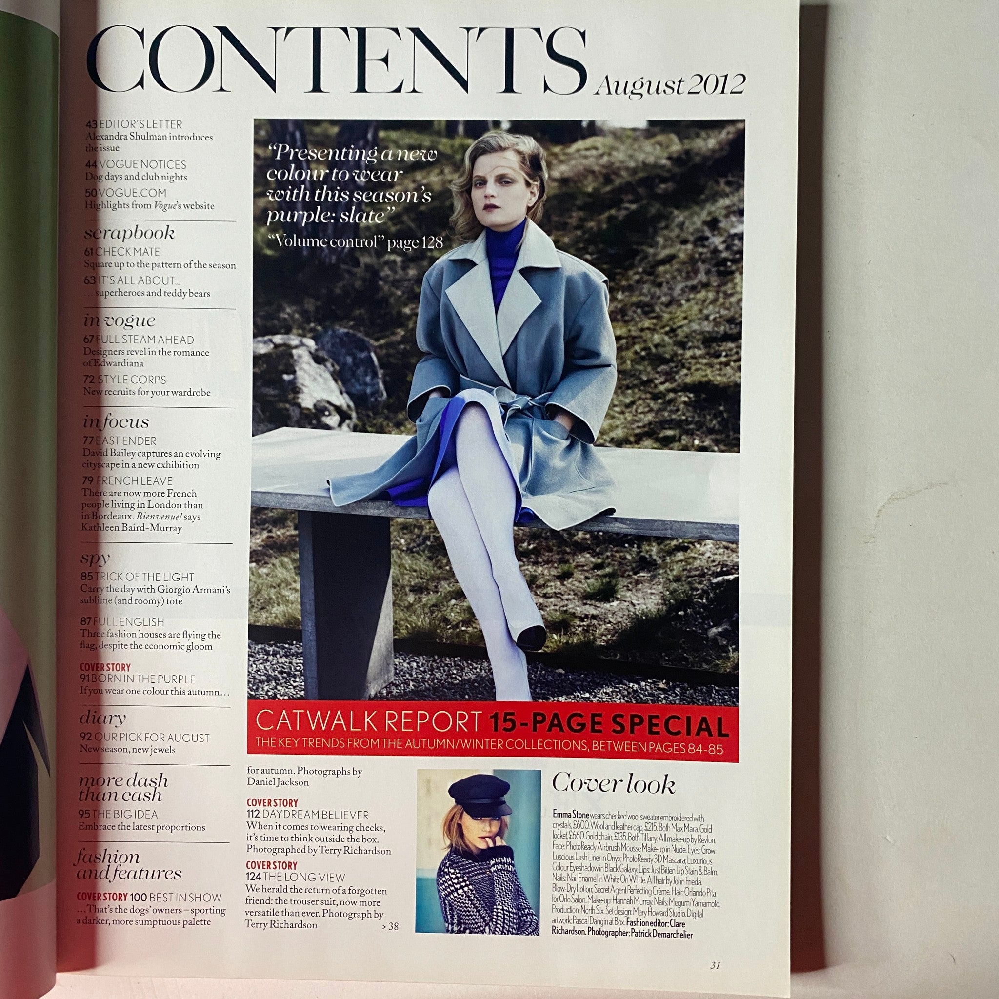 Contents page of Vogue British Magazine August 2012, detailing articles including a special 15-page Catwalk Report and highlighting fashion trends, featuring the September cover look.