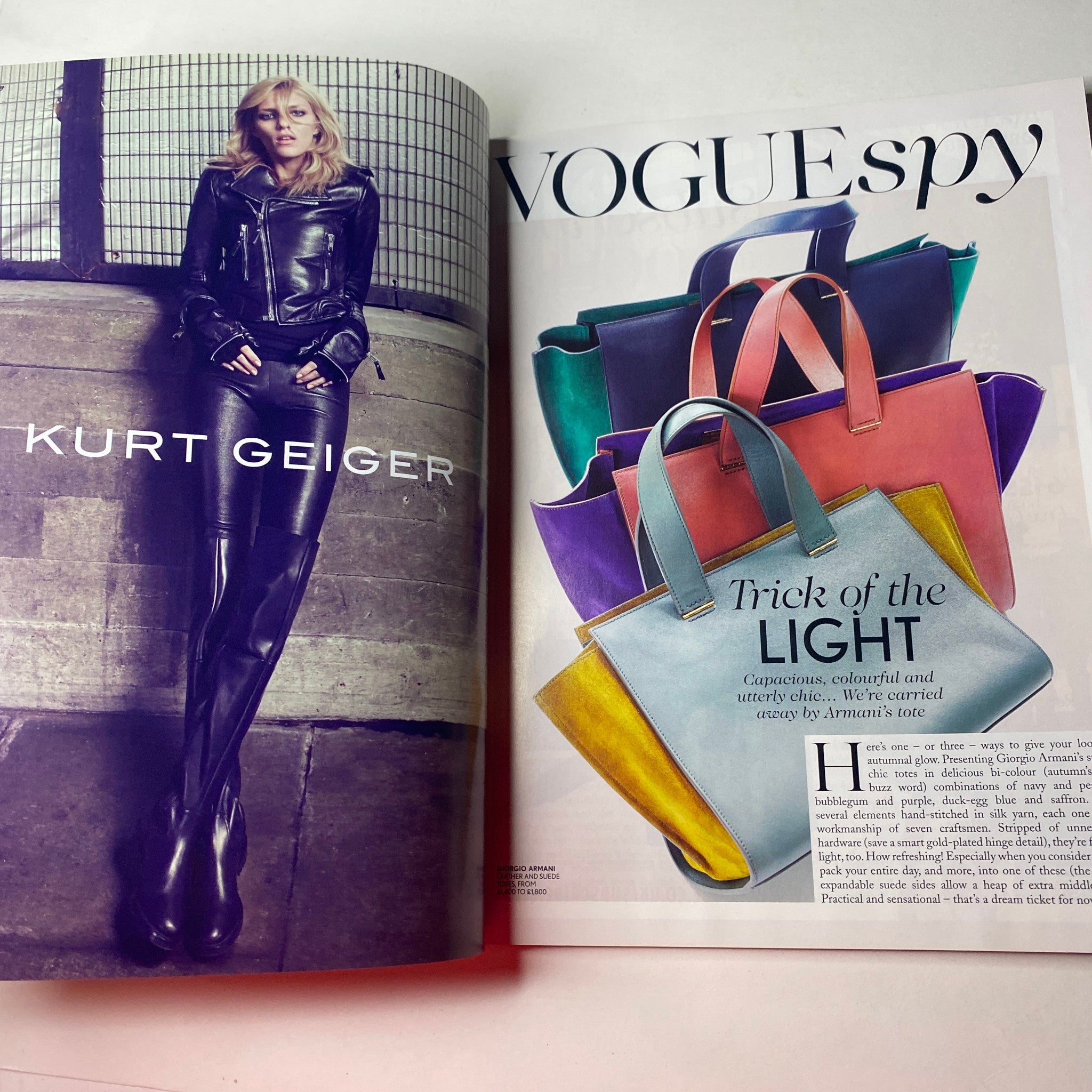 Vogue British Magazine August 2012 pages featuring fashion editorial for Kurt Geiger, alongside colorful bags, showcasing vibrant accessories and sleek styling.