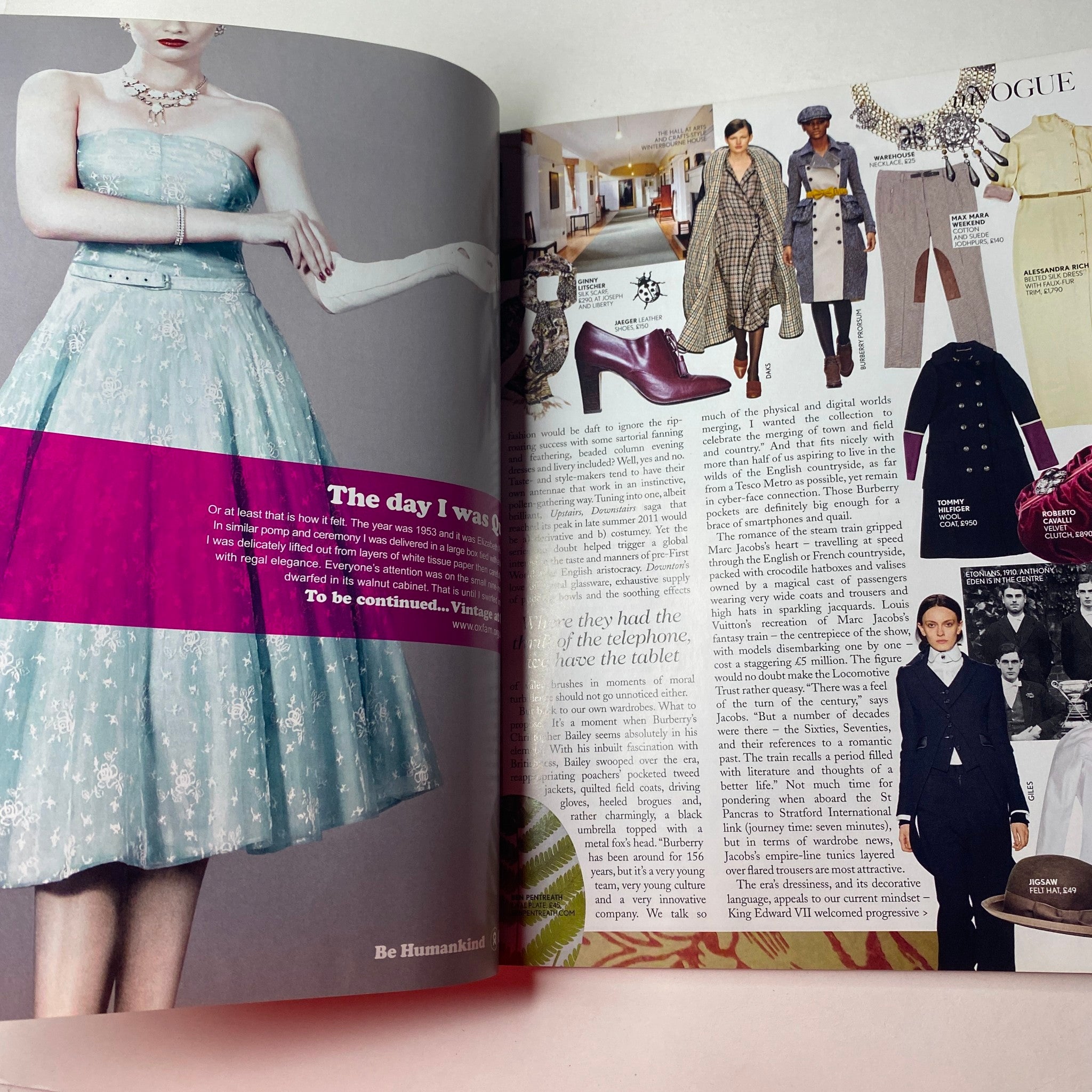 Inside page of Vogue British Magazine August 2012 featuring a model in a light blue floral dress, accompanied by fashion highlights and styling tips, highlighting the issue's focus on Emma Stone on the cover.