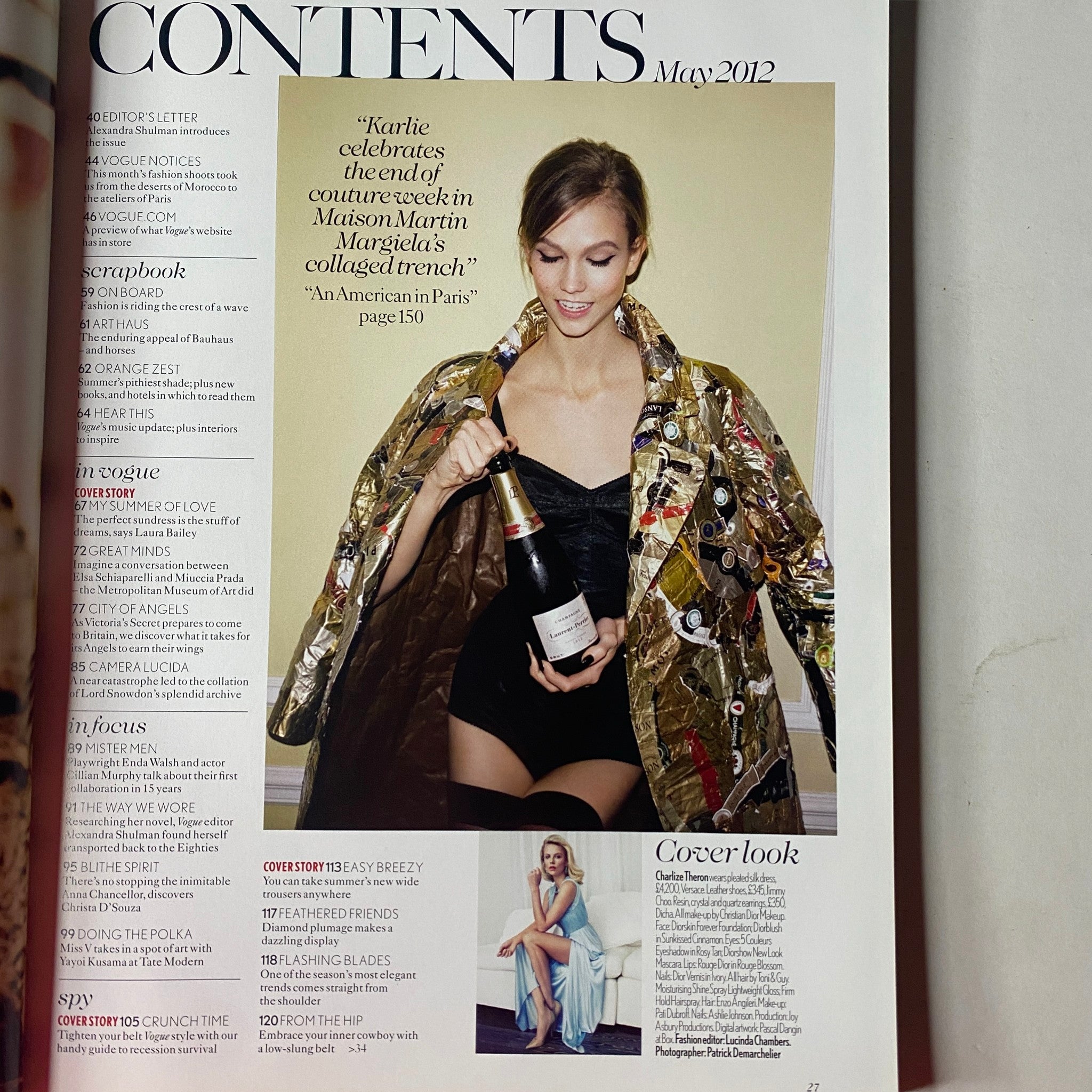 Contents page from Vogue British Magazine May 2012, highlighting a feature on Karlie Kloss, alongside a cover shoot of Charlize Theron.