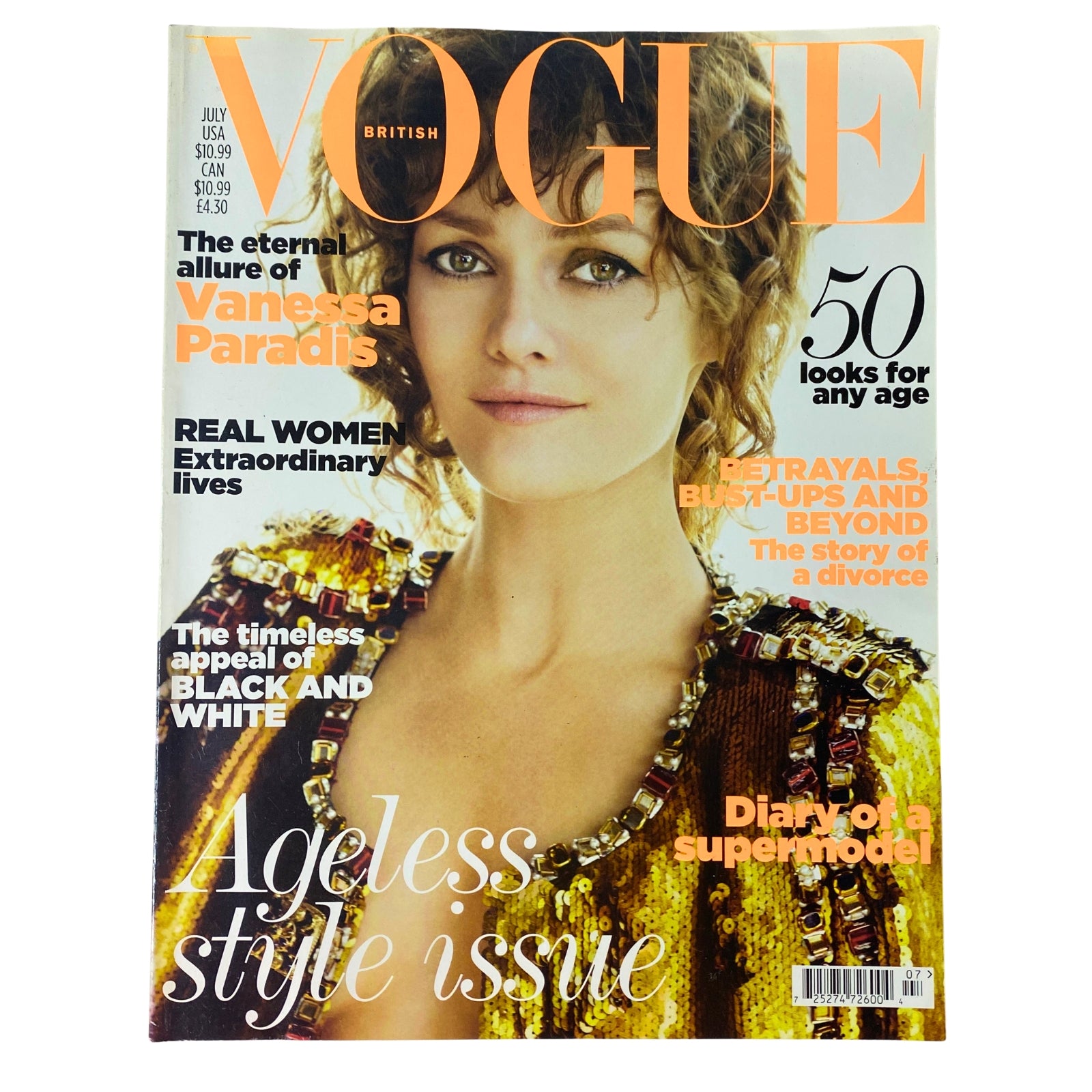 Cover of Vogue British Magazine July 2011 featuring Vanessa Paradis, highlighting her timeless allure with the tagline 'Ageless style issue'.