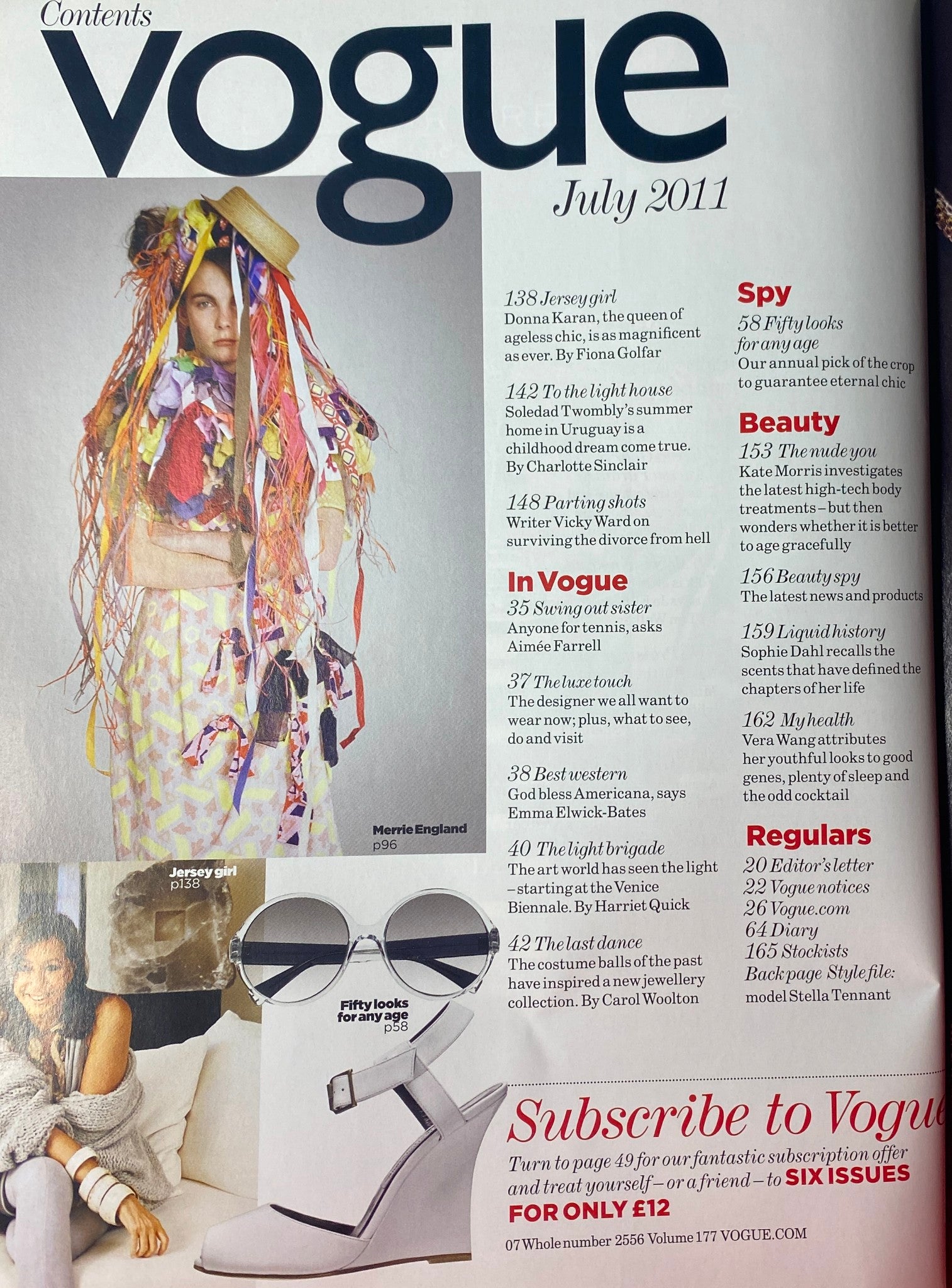 Contents page of Vogue British Magazine July 2011, detailing featured articles and themes including styles for all ages and fashion insights.