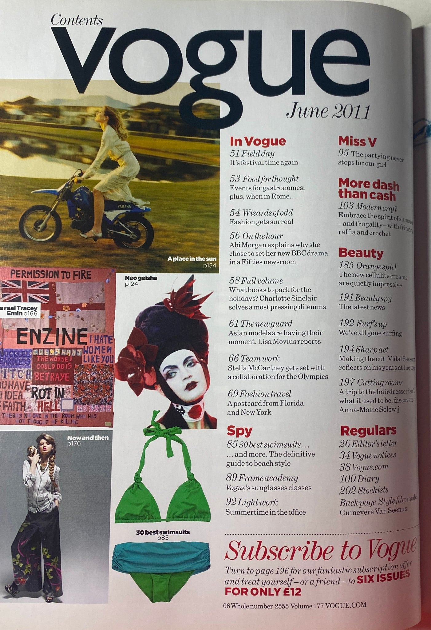 Contents page of Vogue British Magazine June 2011, includes articles on fashion, beauty, and lifestyle highlights.