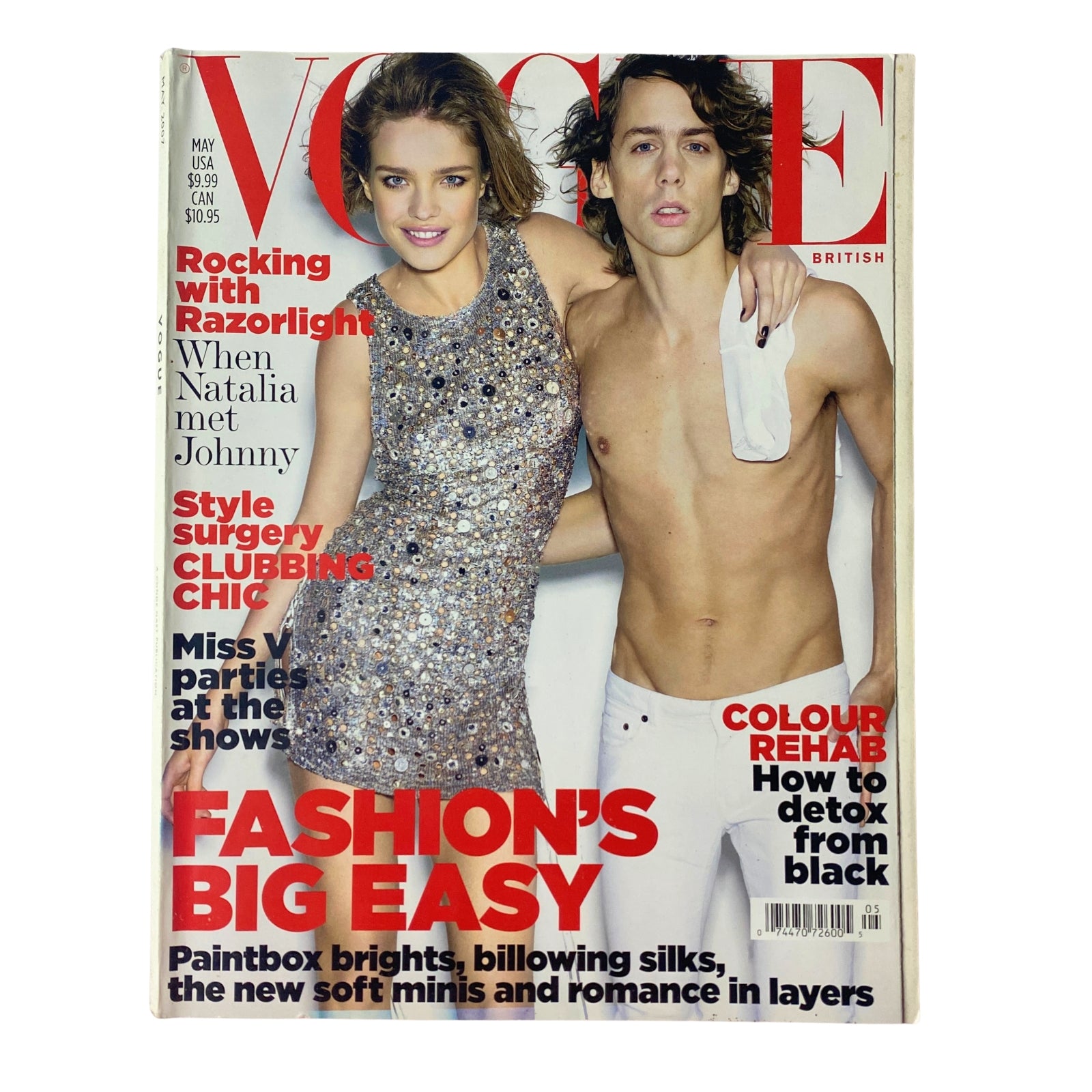 Cover of Vogue British Magazine May 2007 featuring Natalia Vodianova and Johnny Borrell, with the headline 'Fashion's Big Easy' highlighting colorful spring fashion trends.