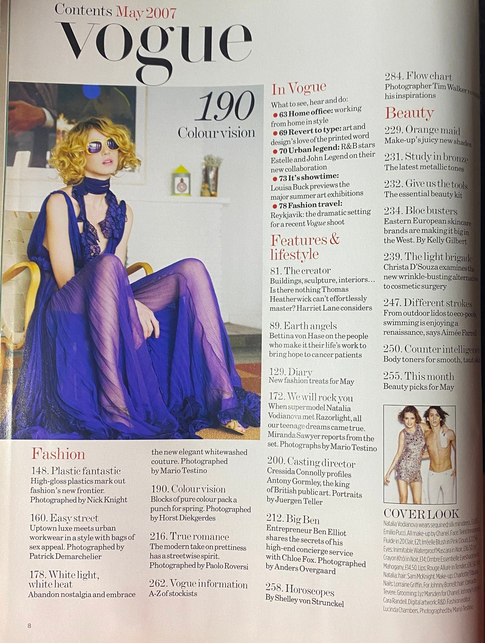 Contents page of Vogue British Magazine May 2007 listing articles on fashion and lifestyle features, including 'Fashion's Big Easy' and 'Colour Vision'.
