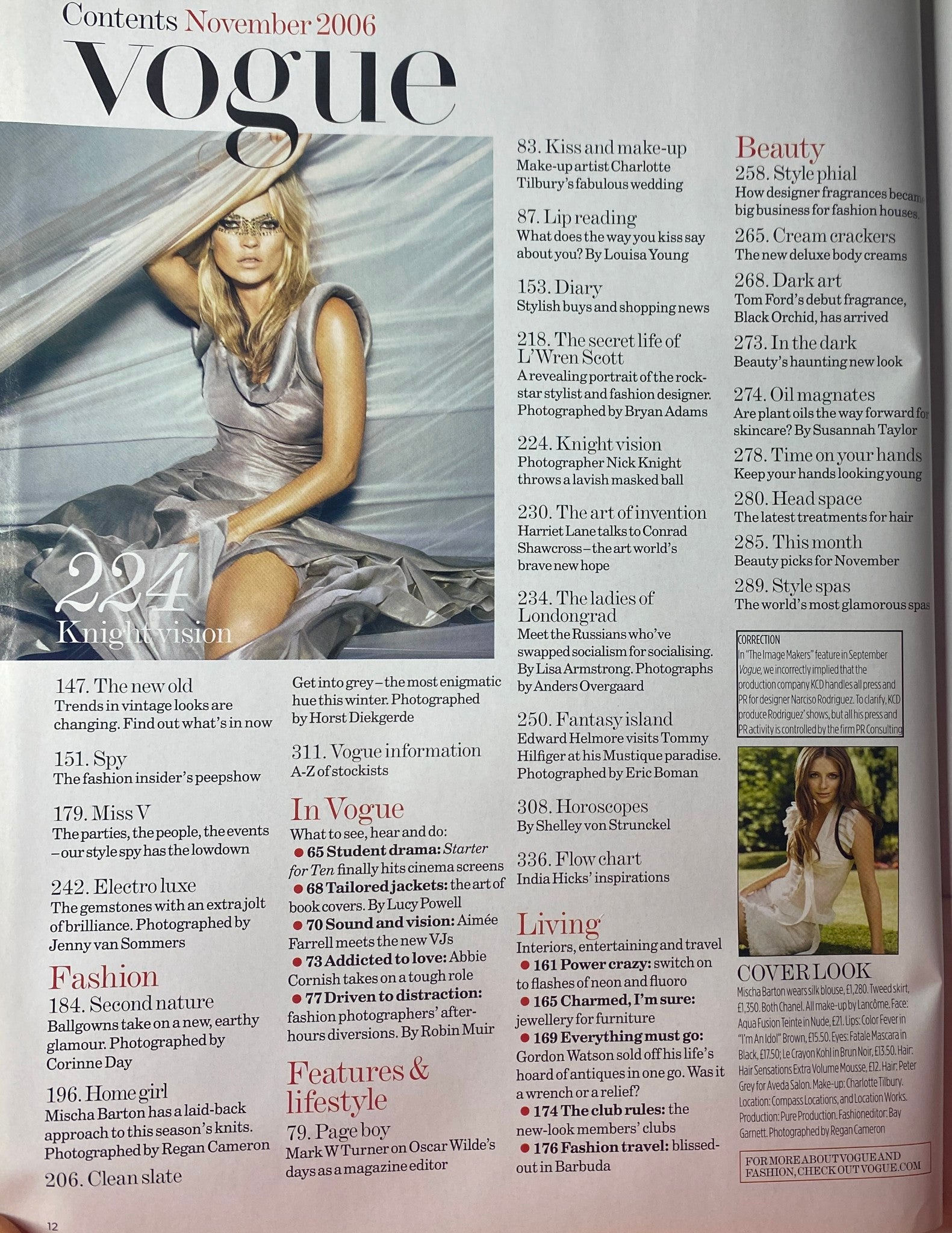 Contents page of Vogue British Magazine November 2006 detailing features such as beauty, fashion, and lifestyle articles including a section on electro luxe and the latest trends.