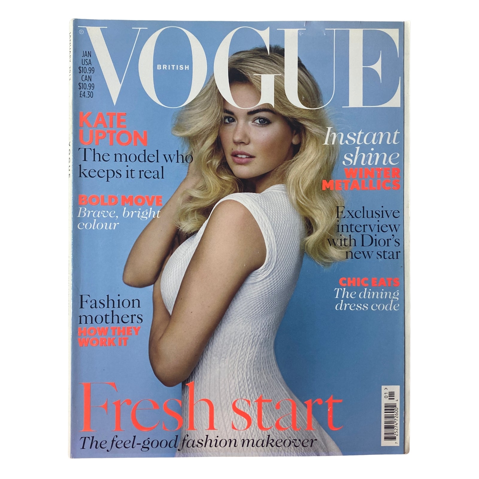 Vogue British Magazine January 2013 cover featuring Kate Upton in a sleek sheath dress, highlighting a fresh start theme and winter metallics.