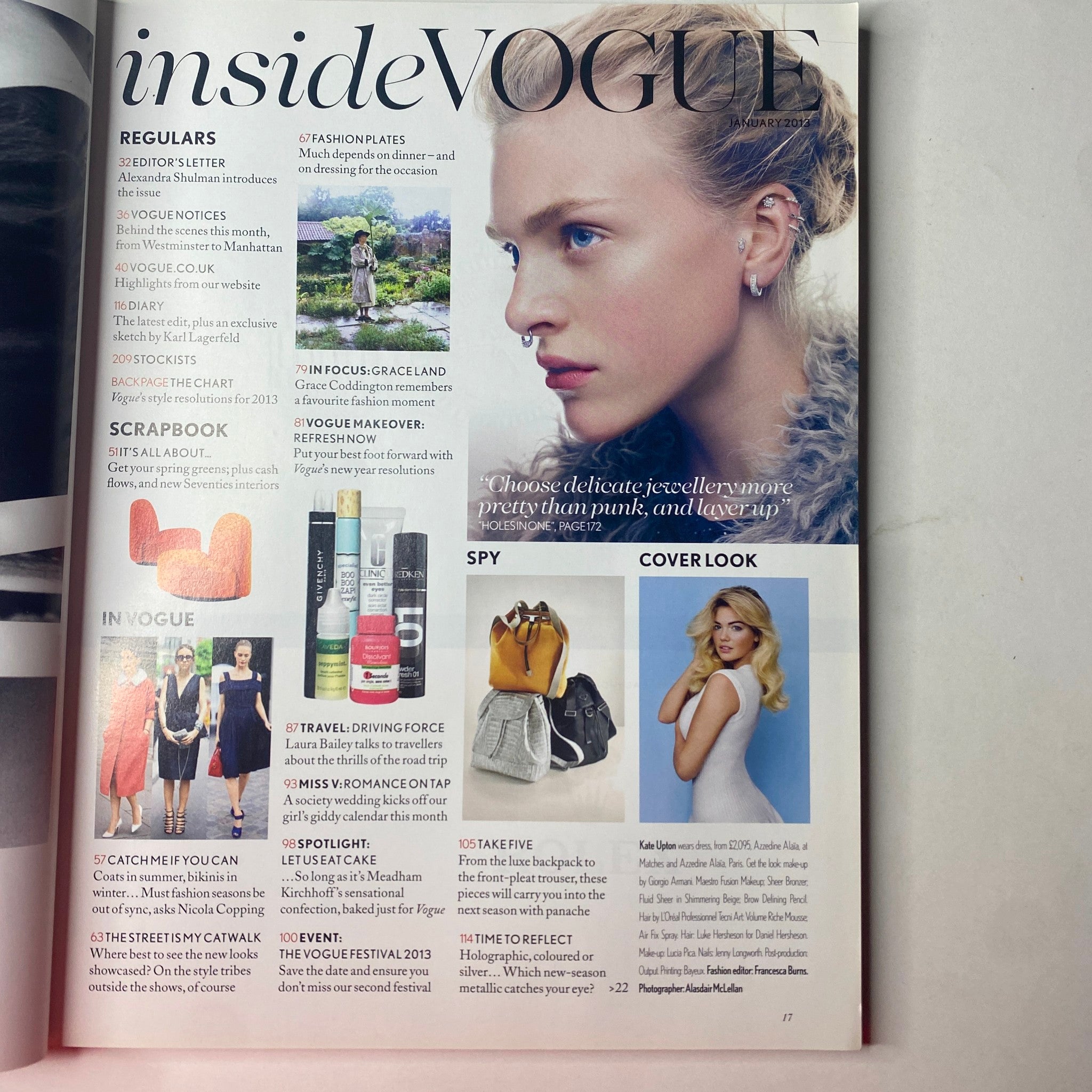 Inside spread of Vogue British Magazine January 2013 showcasing various articles, including Kate Upton's feature on the cover, focusing on fashion and beauty trends.