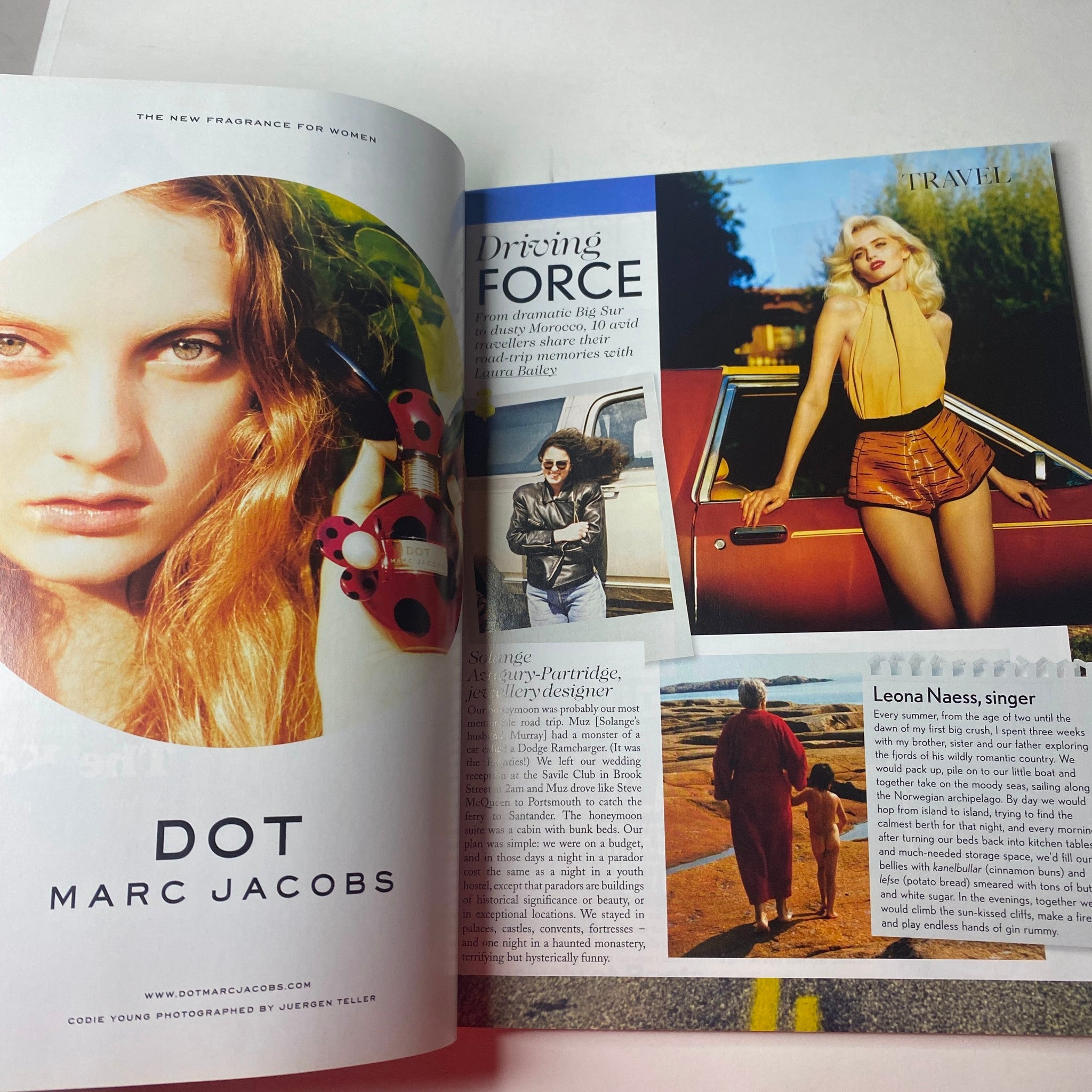 Inside Vogue British Magazine January 2013, showcasing a striking fashion spread featuring actress Leona Naess and stylish travel imagery.