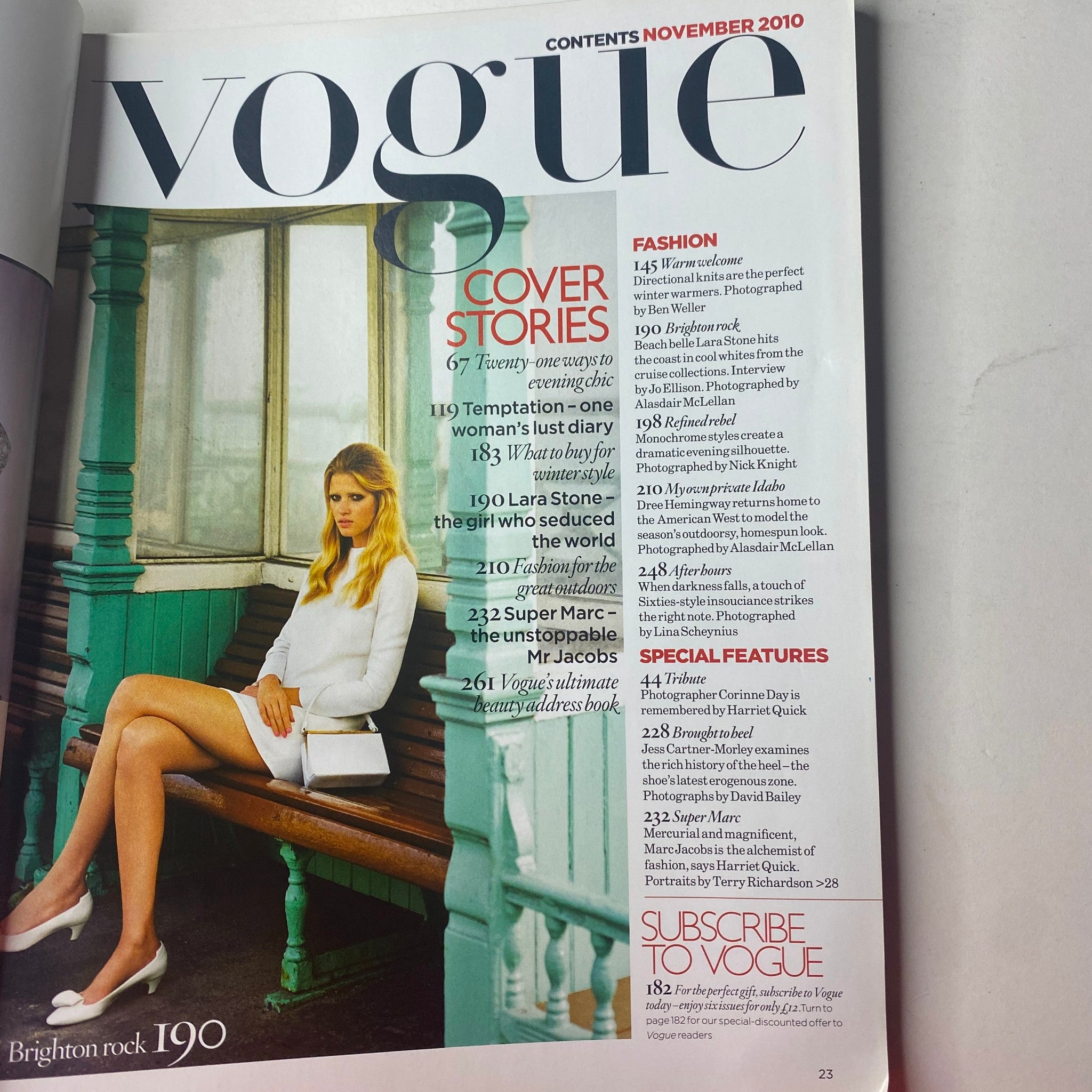 Contents page of Vogue British Magazine November 2010, detailing cover stories and fashion highlights, including Lara Stone.