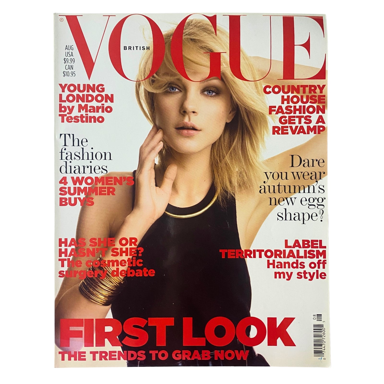 Cover of Vogue British Magazine August 2006 featuring Jessica Stam, highlighting trends, fashion themes, and visuals by Mario Testino.