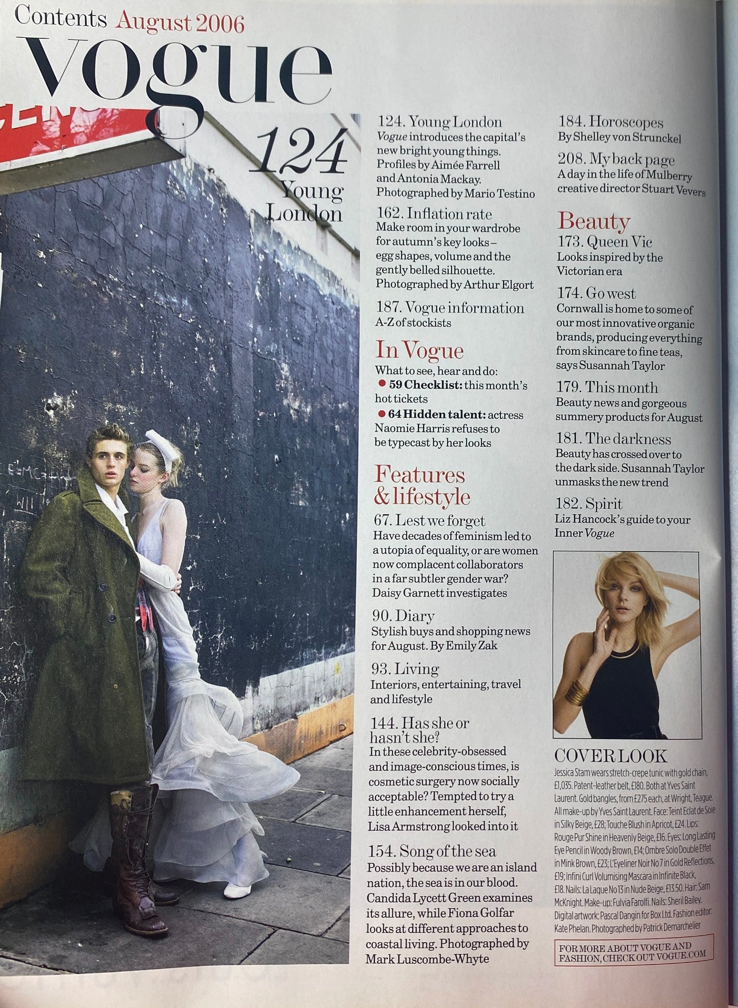 Contents page of Vogue British Magazine August 2006, detailing articles on fashion, features, and lifestyle topics.