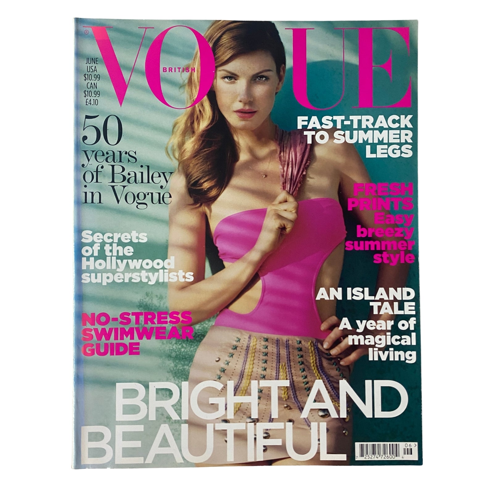 Vogue British Magazine June 2010 featuring Angela Lindvall on the cover, showcasing vibrant summer fashion with a focus on beauty and style. Cover highlights include 'Fast-Track to Summer Legs' and 'Bright and Beautiful.'