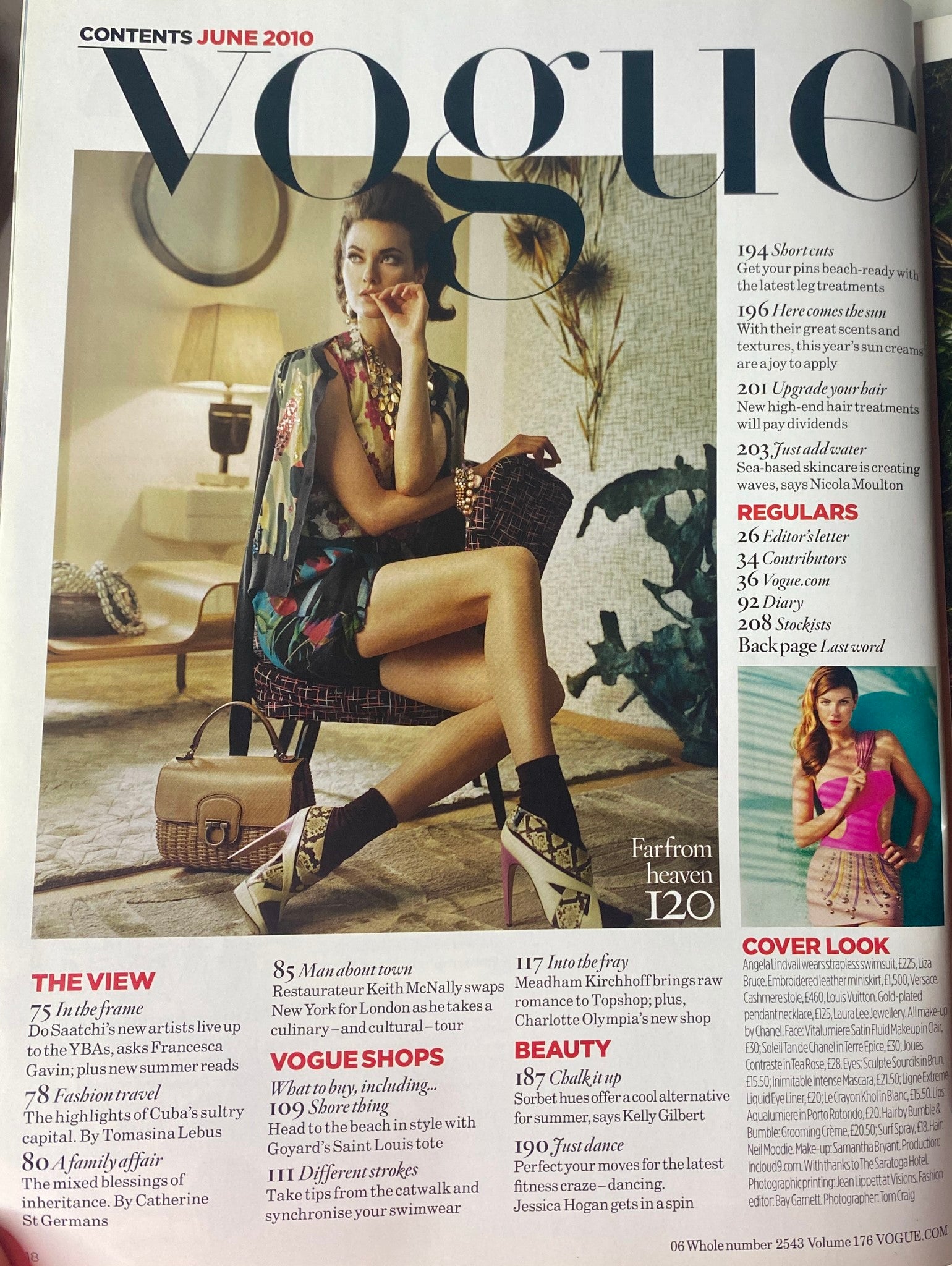 Inside page of Vogue British Magazine June 2010, detailing contents including beauty, fashion, and lifestyle articles, showcasing an editorial by Catherine St. Germans. Features the article 'Man About Town' and various fashion highlights.