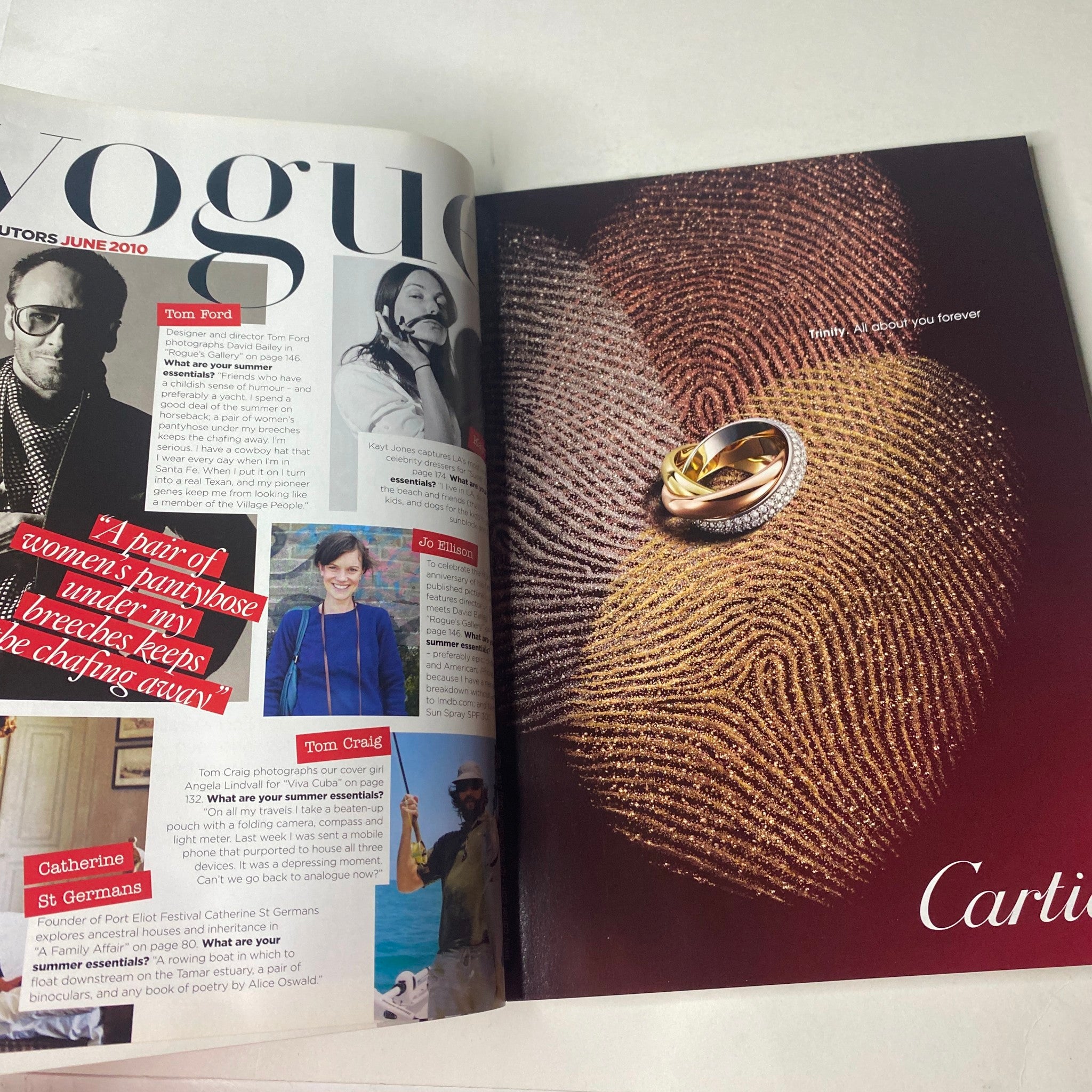 Vogue British Magazine June 2010 Angela Lindvall Cover No Label VG highlighting an editorial page with Cartier jewelry, featuring engagement rings with an artistic backdrop.