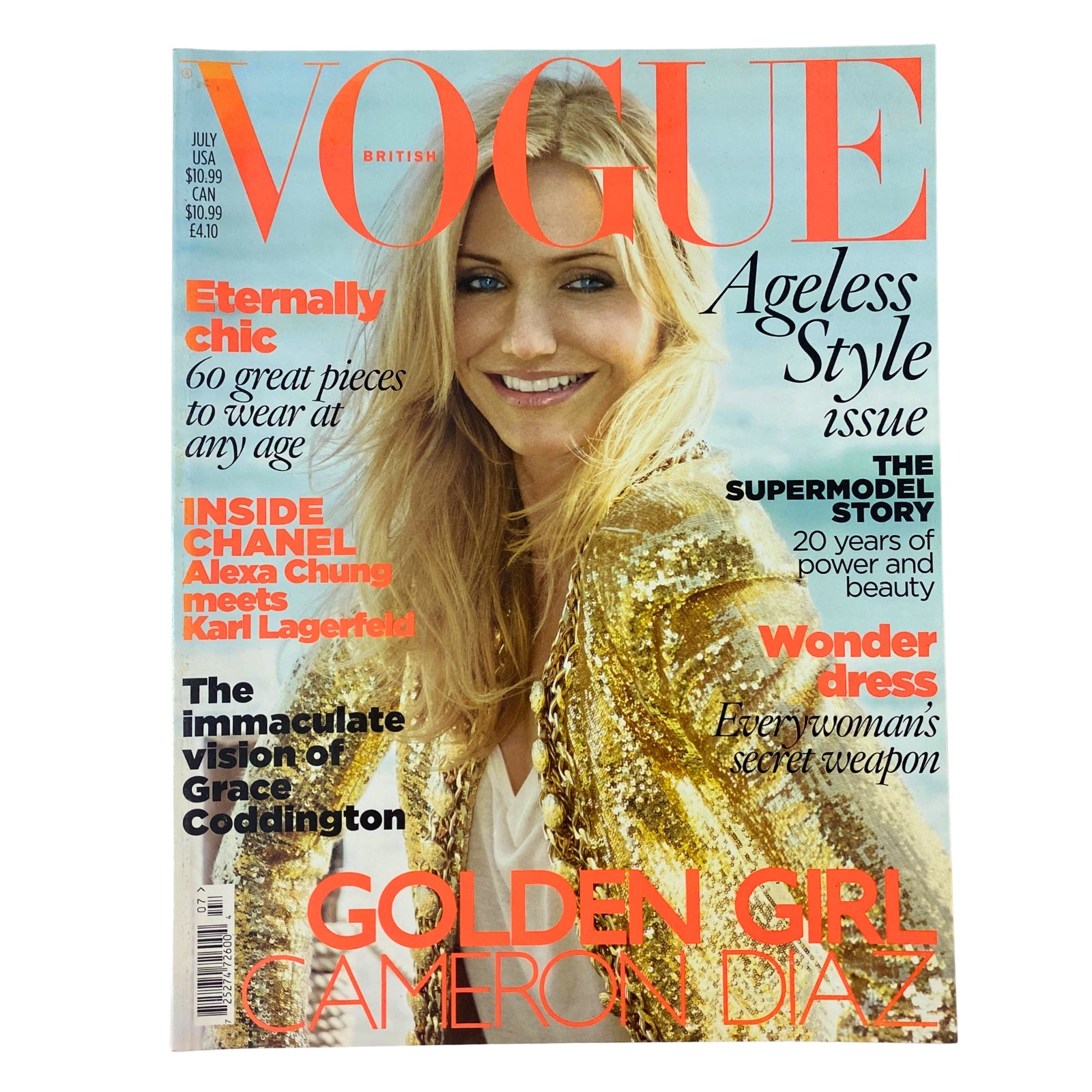 Vogue British Magazine July 2010 featuring Cameron Diaz on the cover, highlighting 'Ageless Style' and showcasing timeless fashion, cultural insights, and beauty tips.