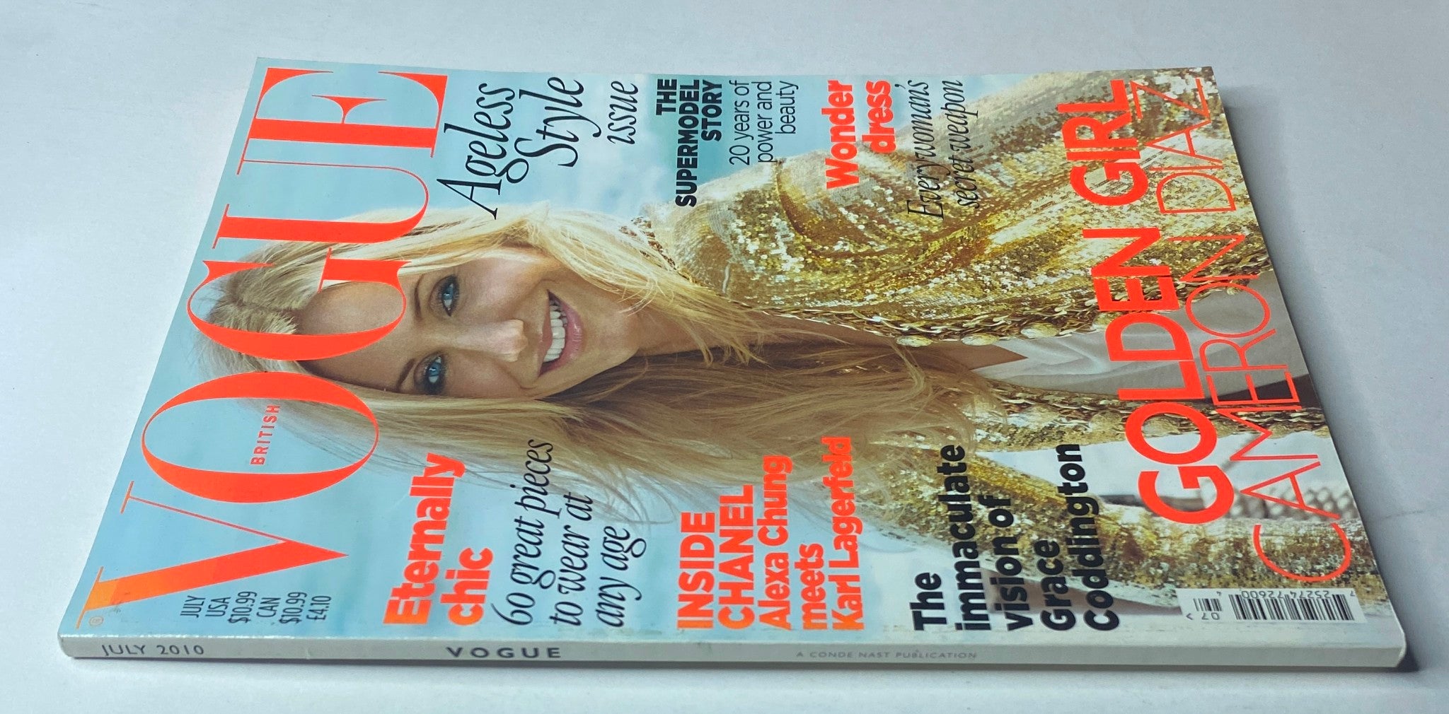 Cover of Vogue British Magazine July 2010 featuring Cameron Diaz with the headline 'Golden Girl' showcasing ageless style and summer fashion.