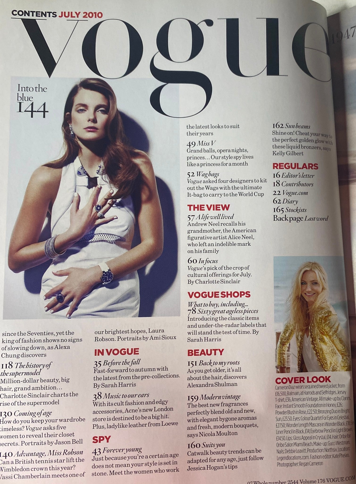 Contents page of Vogue British Magazine July 2010, highlighting editorial features including 'Into the Blue' and sections on style and beauty.