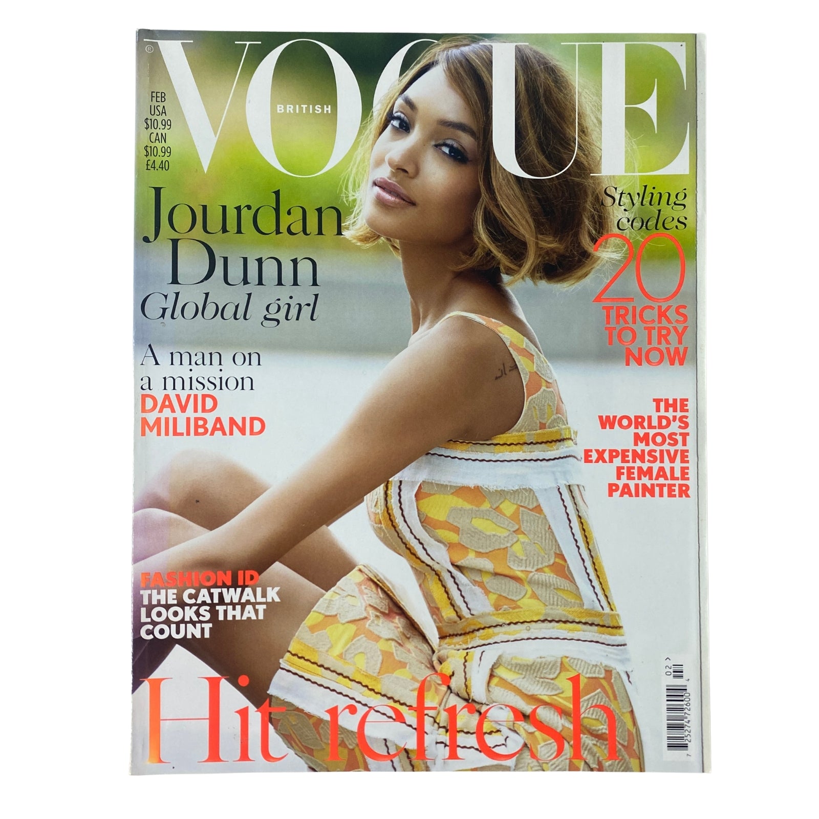 Cover of Vogue British Magazine February 2015 featuring Jourdan Dunn. The magazine highlights fashion, articles on David Miliband, and styling tips.