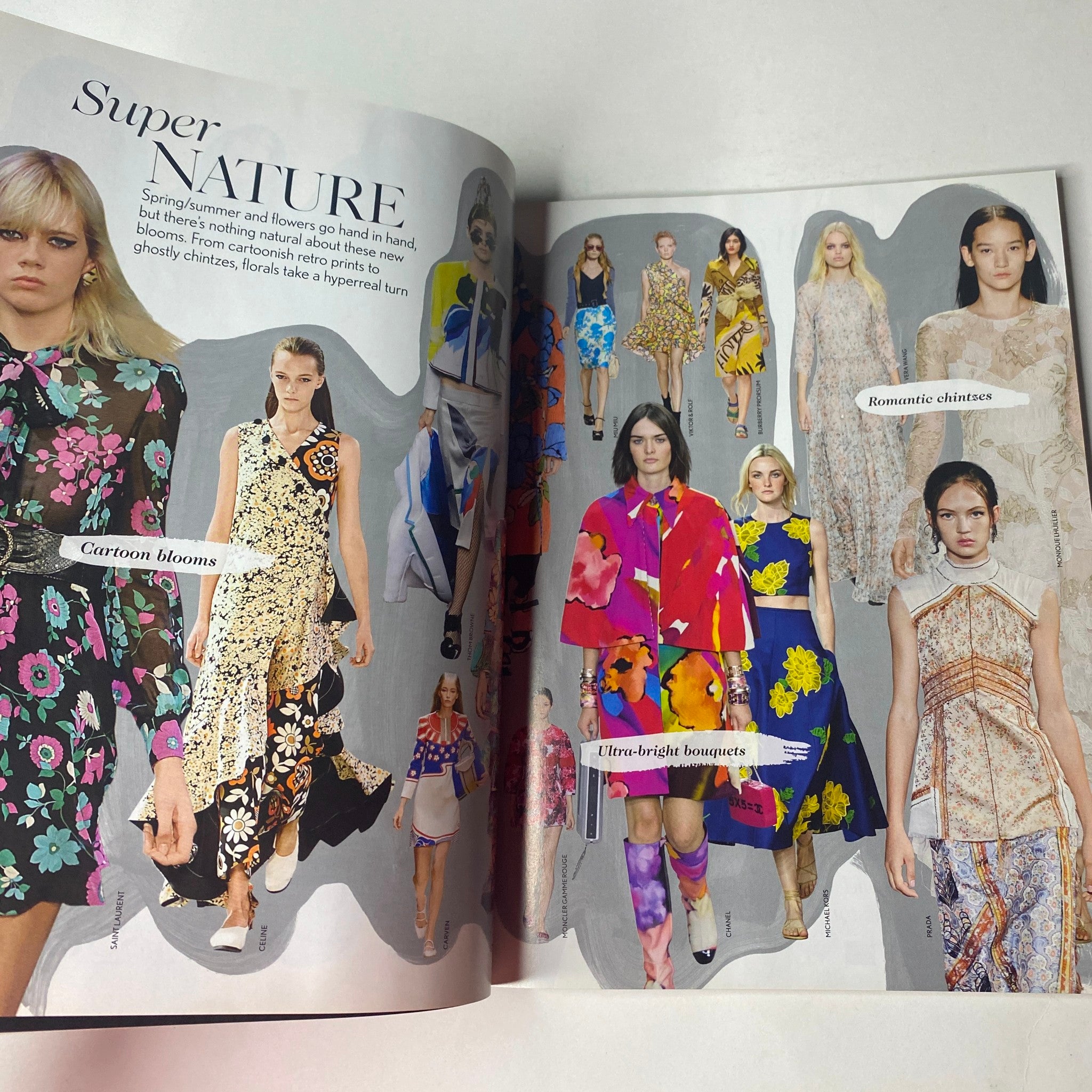 Vogue British Magazine February 2015 showcasing vibrant fashion trends in a Super Nature spread with colorful floral patterns and romantic silhouettes.