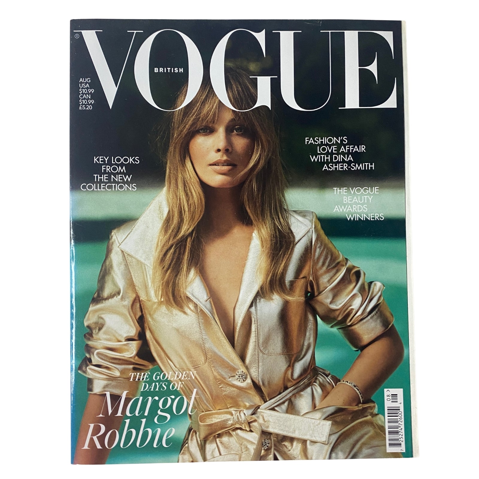 Cover of Vogue British Magazine August 2021 featuring Margot Robbie, showcasing her in a stylish golden outfit and emphasizing her role in fashion and culture.