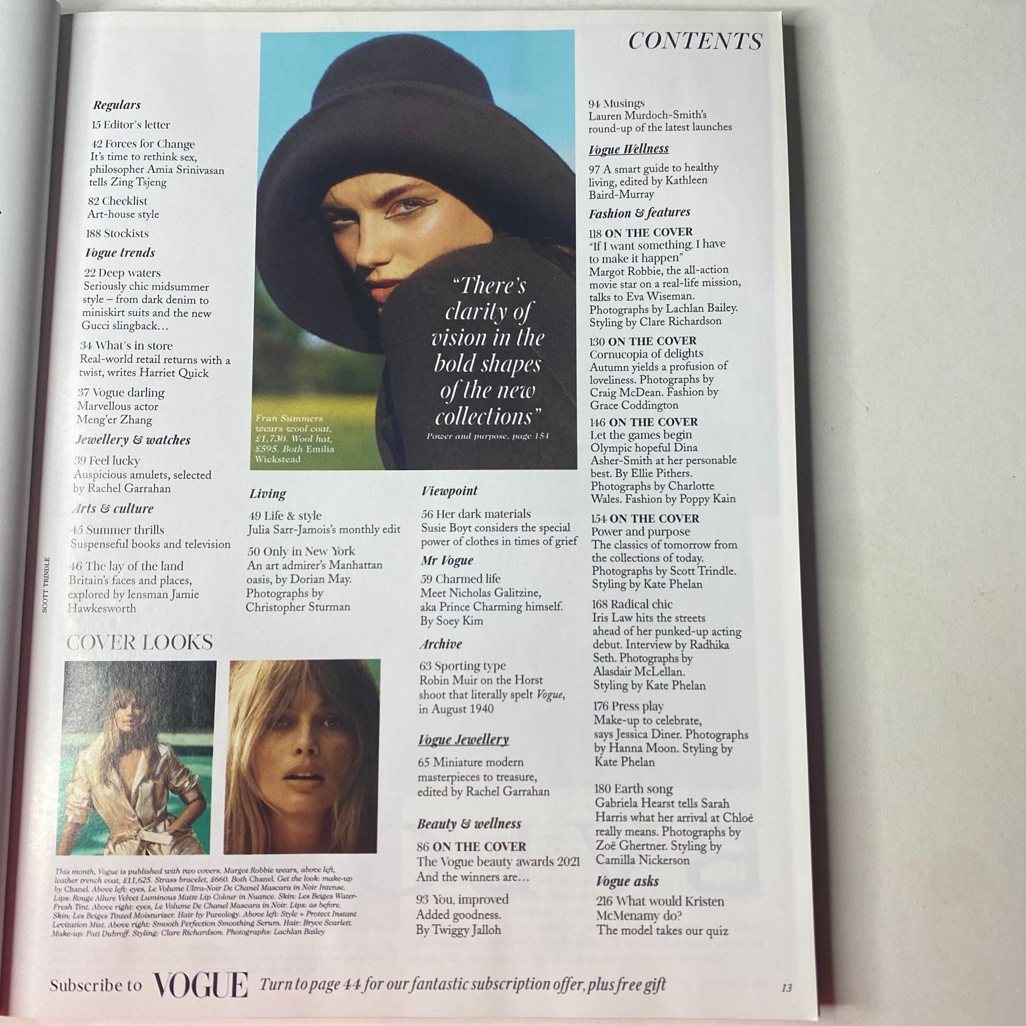 Contents page from Vogue British Magazine August 2021 featuring highlights and sections including 'Editor's Letter' and 'Cover Looks'. Title: Vogue British Magazine August 2021 Margot Robbie Cover No Label VG.