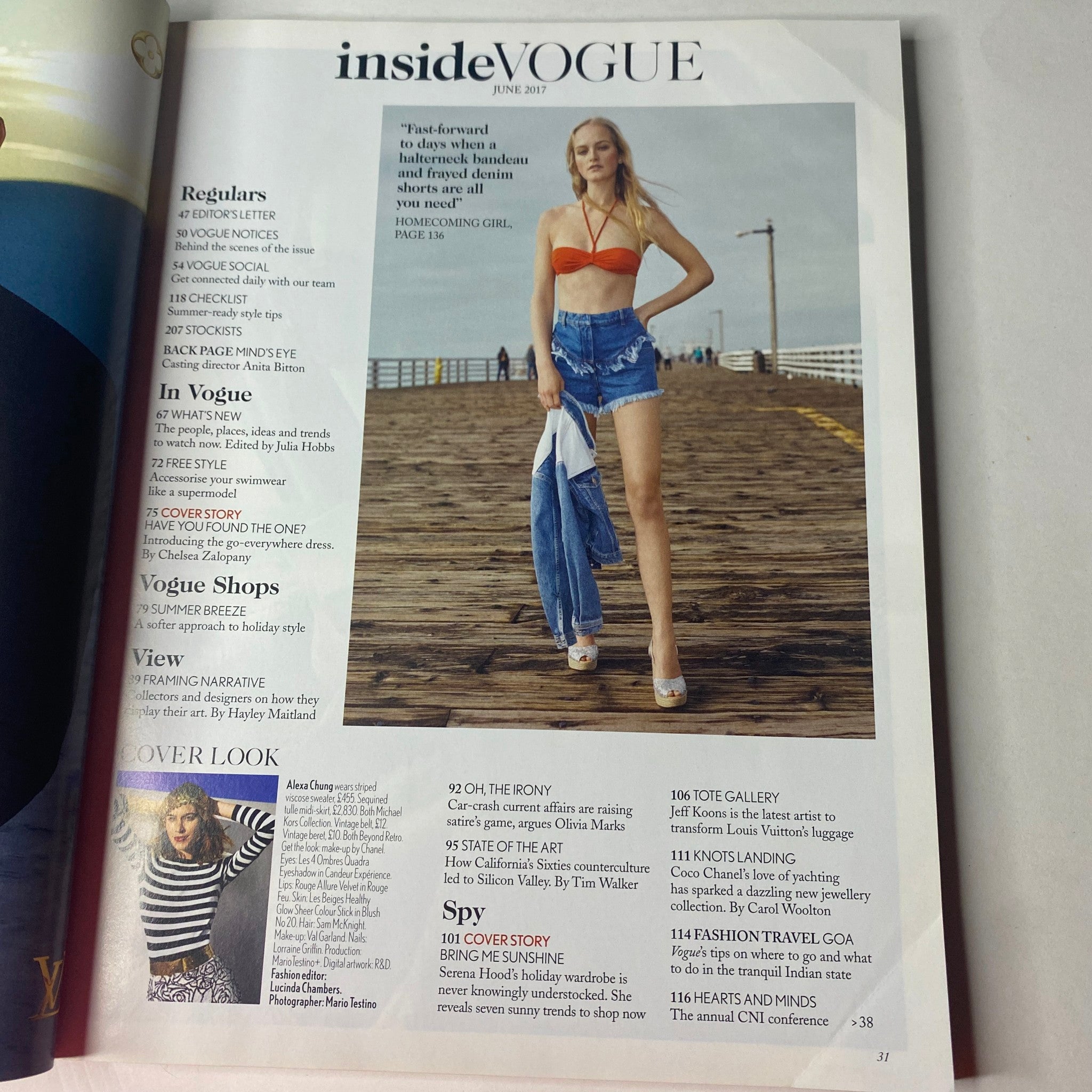Inside page of Vogue British Magazine June 2017 illustrating featured articles including 'The Alexa Factor' and 'Fashion Travel: Goa'.