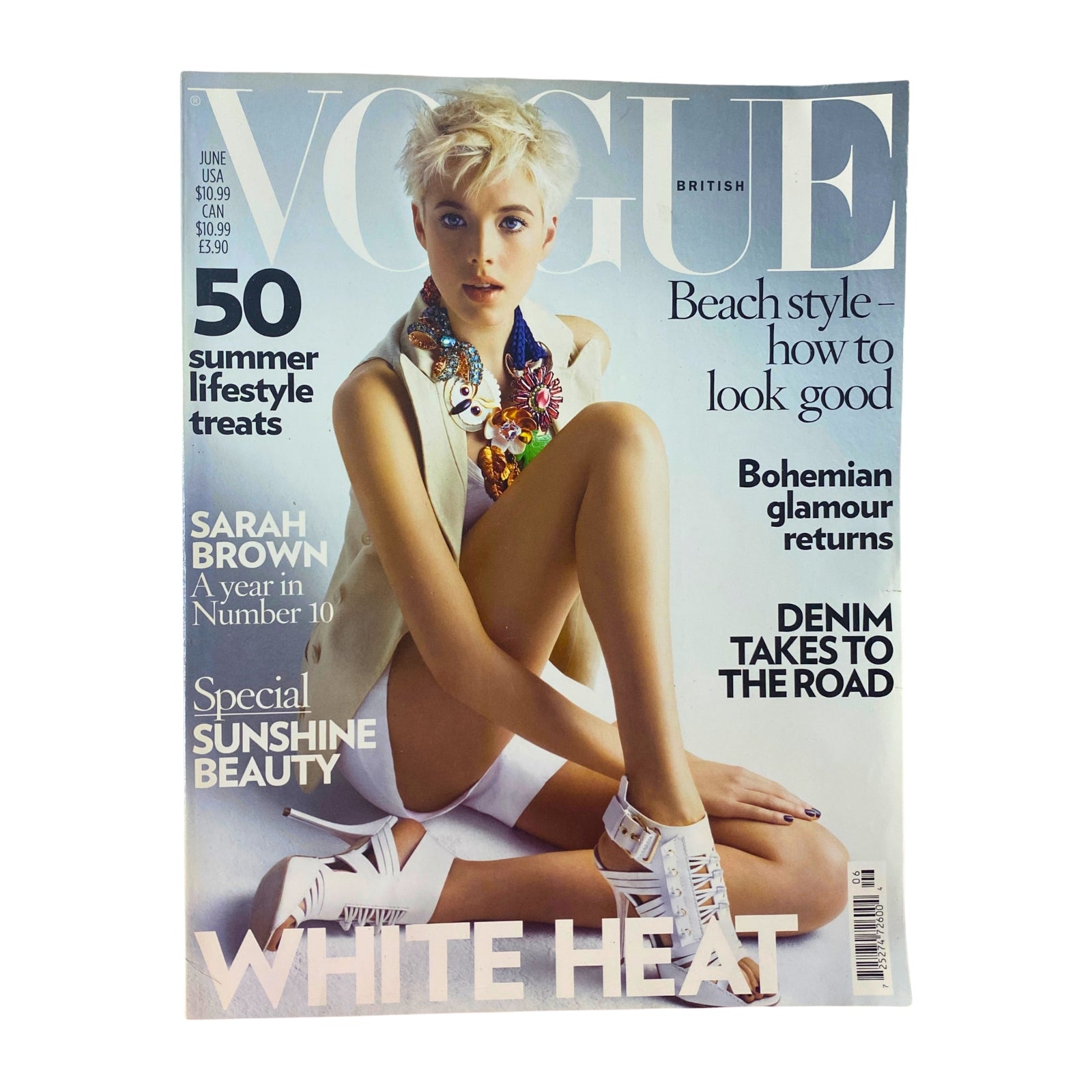 Vogue British Magazine cover from June 2008 featuring model Agyness Deyn styled in Louis Vuitton, highlighting summer lifestyle trends and beauty tips.