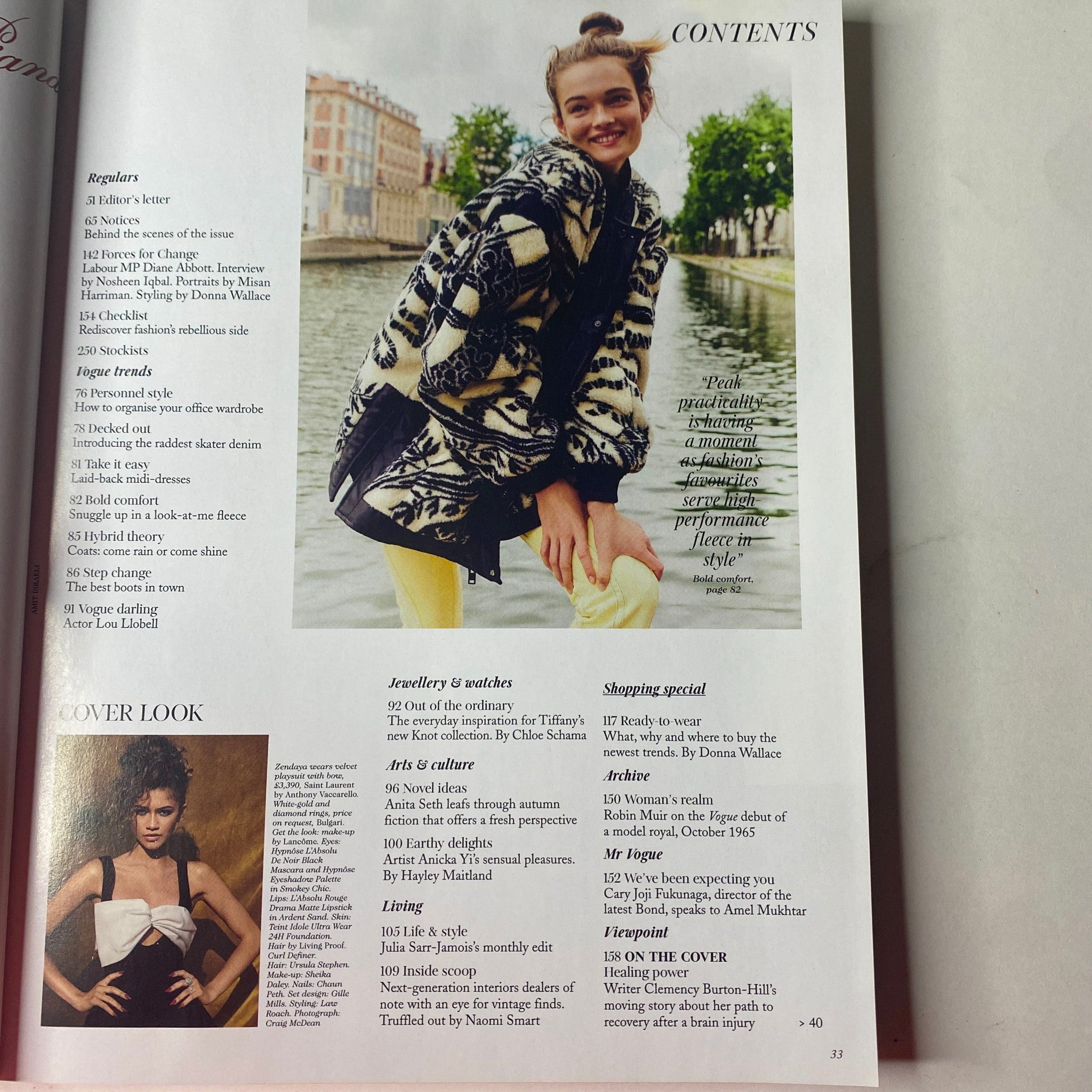 Vogue British Magazine October 2021 Zendaya Cover No Label - Table of contents showcasing magazine features, including editorial notes and shopping advice.