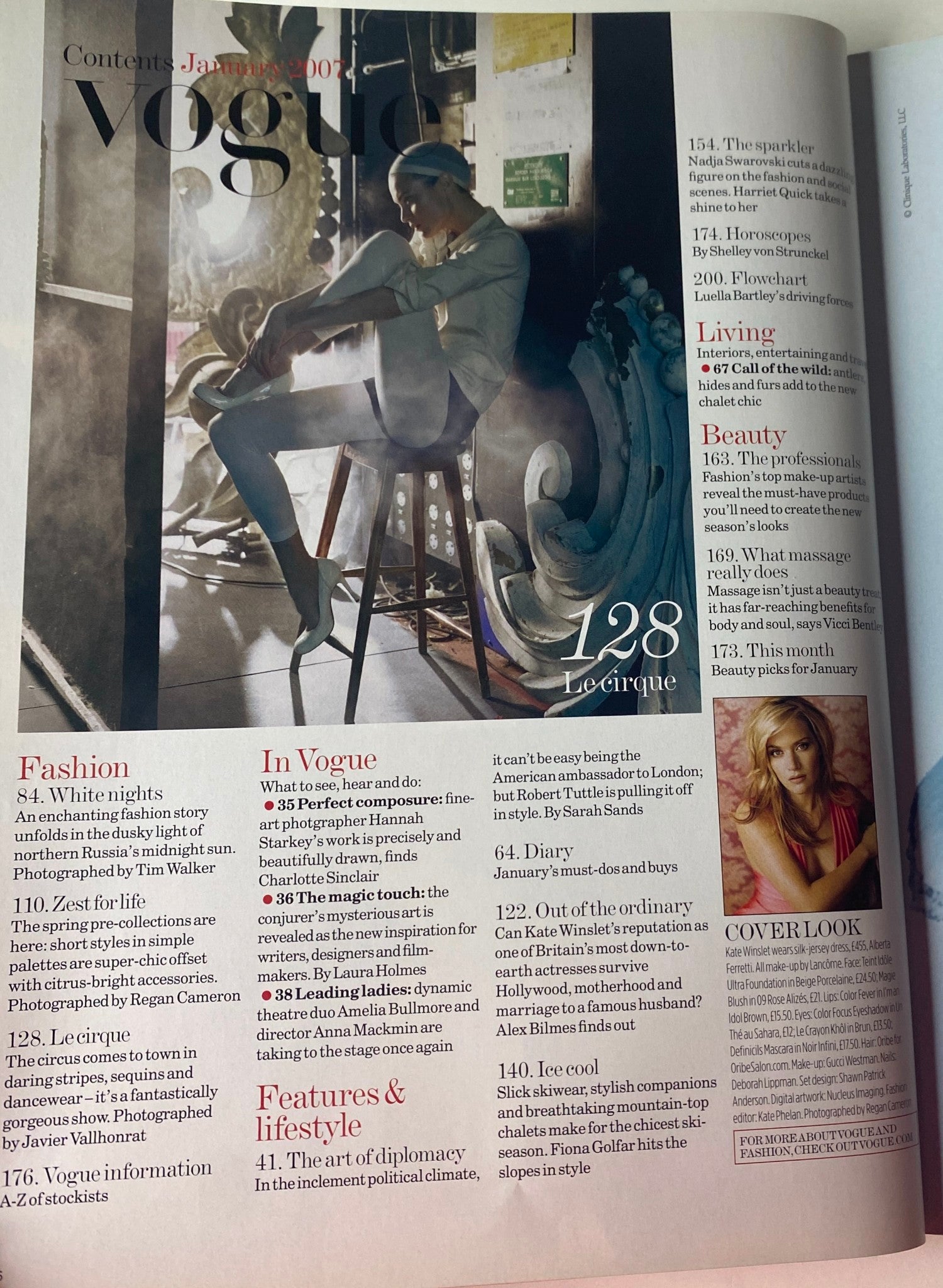Second contents page of Vogue British Magazine January 2007 featuring articles on fashion and lifestyle, including features on 'Zest for Life' and 'In Vogue', with a focus on Kate Winslet.