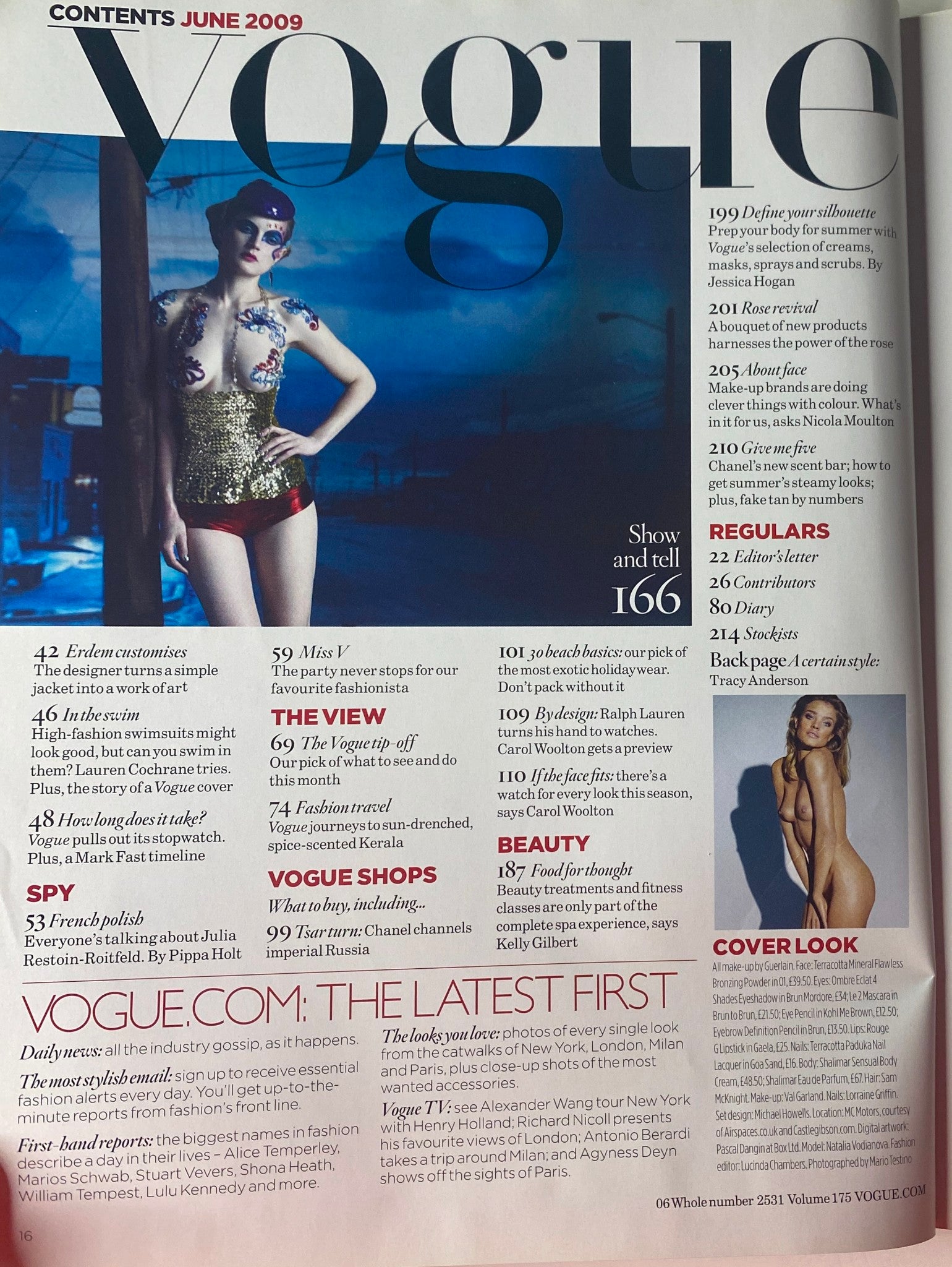 Vogue British Magazine June 2009 contents page featuring fashion highlights, model in designer swimsuit, and notable features such as Summer styling and fashion insights.