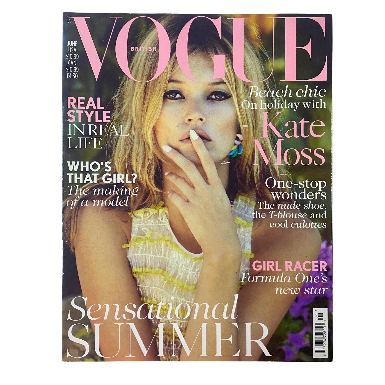 Vogue British Magazine June 2013 cover featuring Kate Moss showcasing summer beauty and fashion themes with vibrant colors and text highlighting 'Beach chic', 'Real style in real life', and 'Sensational Summer'.
