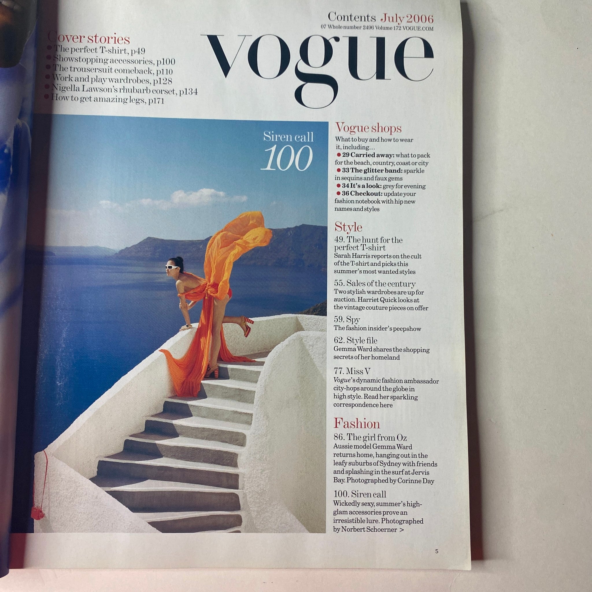 Contents page of Vogue British Magazine July 2006 outlining featured articles such as 'Siren Call' and 'Vogue Shops', highlighting seasonal fashion trends.