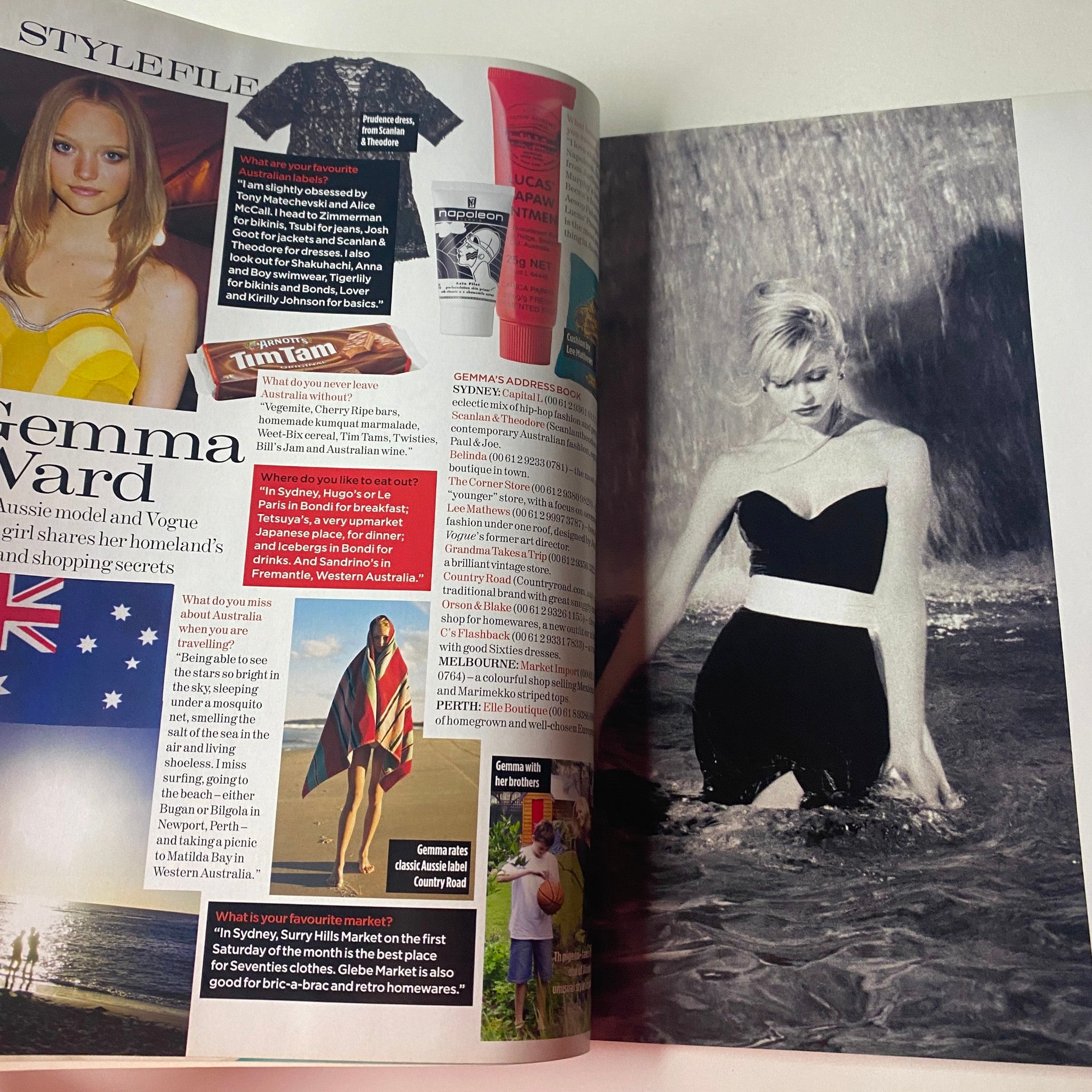Vogue British Magazine July 2006 includes a profile of Gemma Ward, featuring her style insights and modeling highlights alongside Australian themes.