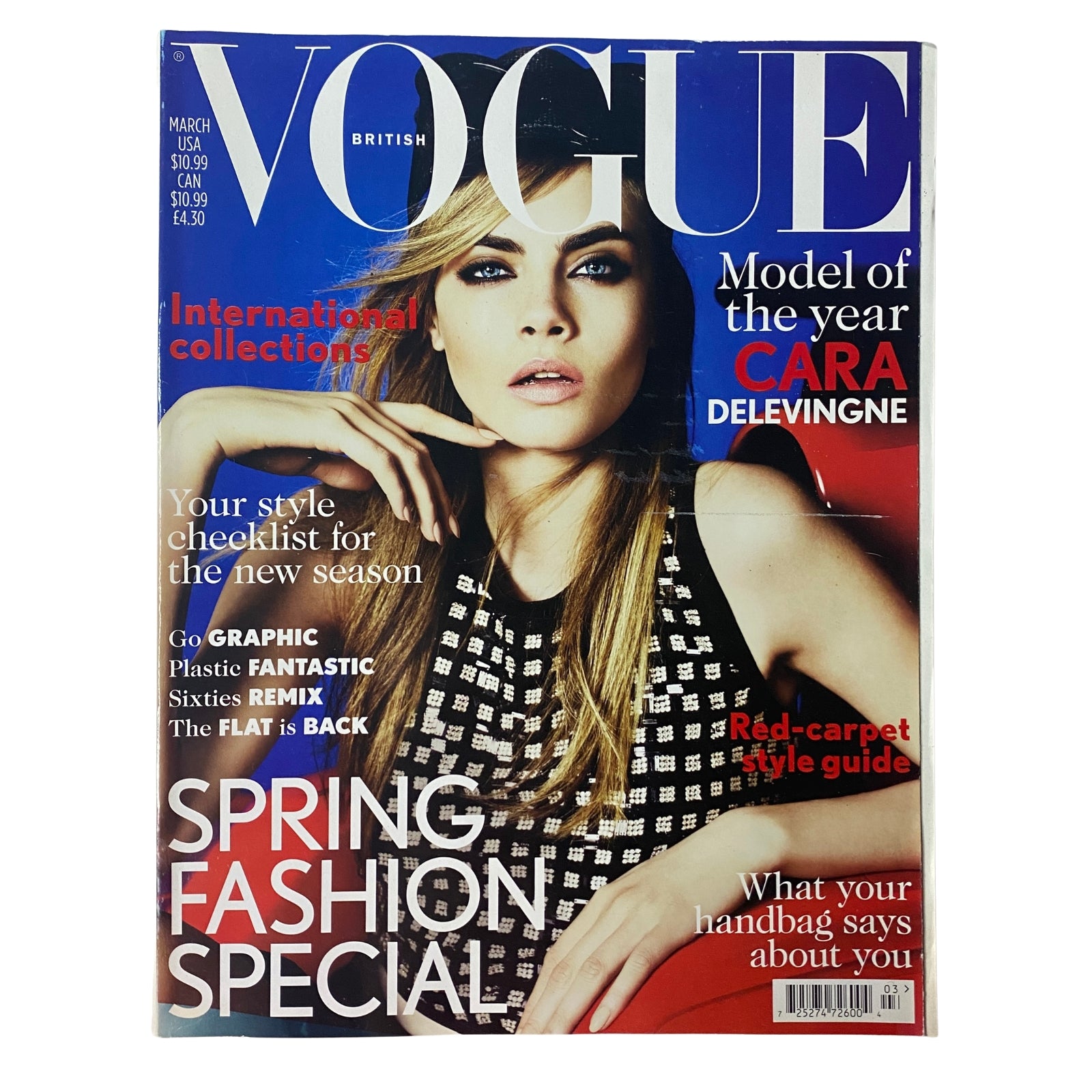 Vogue British Magazine March 2013 featuring Cara Delevingne on the cover. This issue highlights spring fashion trends, includes a model of the year feature, and is perfect for fashion enthusiasts and collectors.