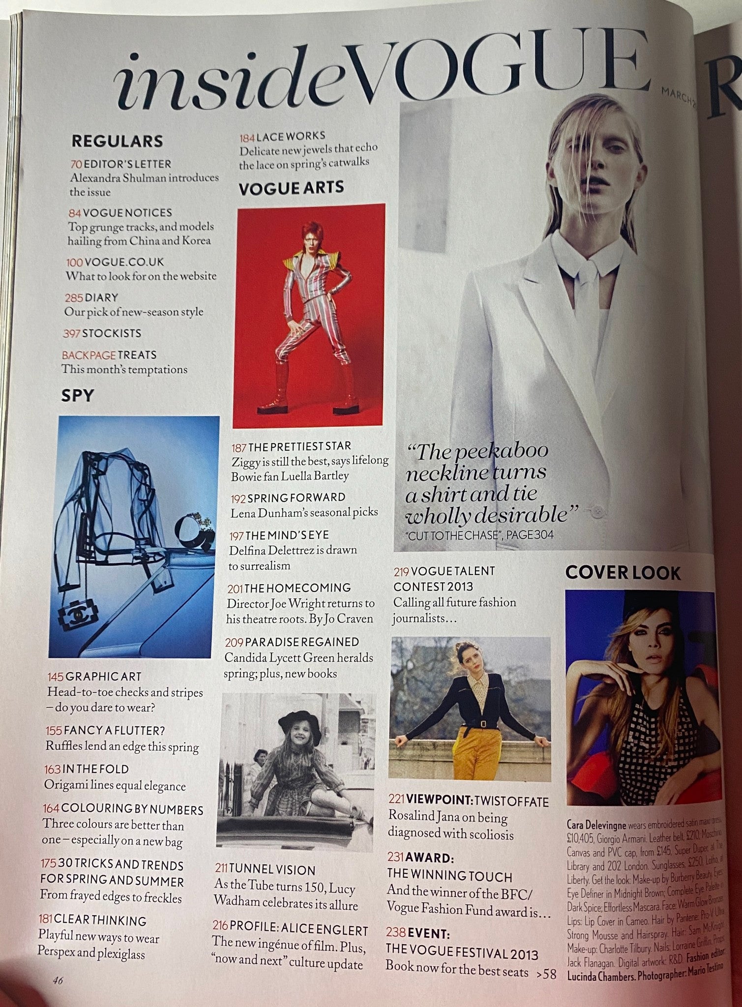 Inside page of Vogue British Magazine March 2013 featuring sections such as REGULARS, VOGUE ARTS, and various editorial highlights including fashion insights.