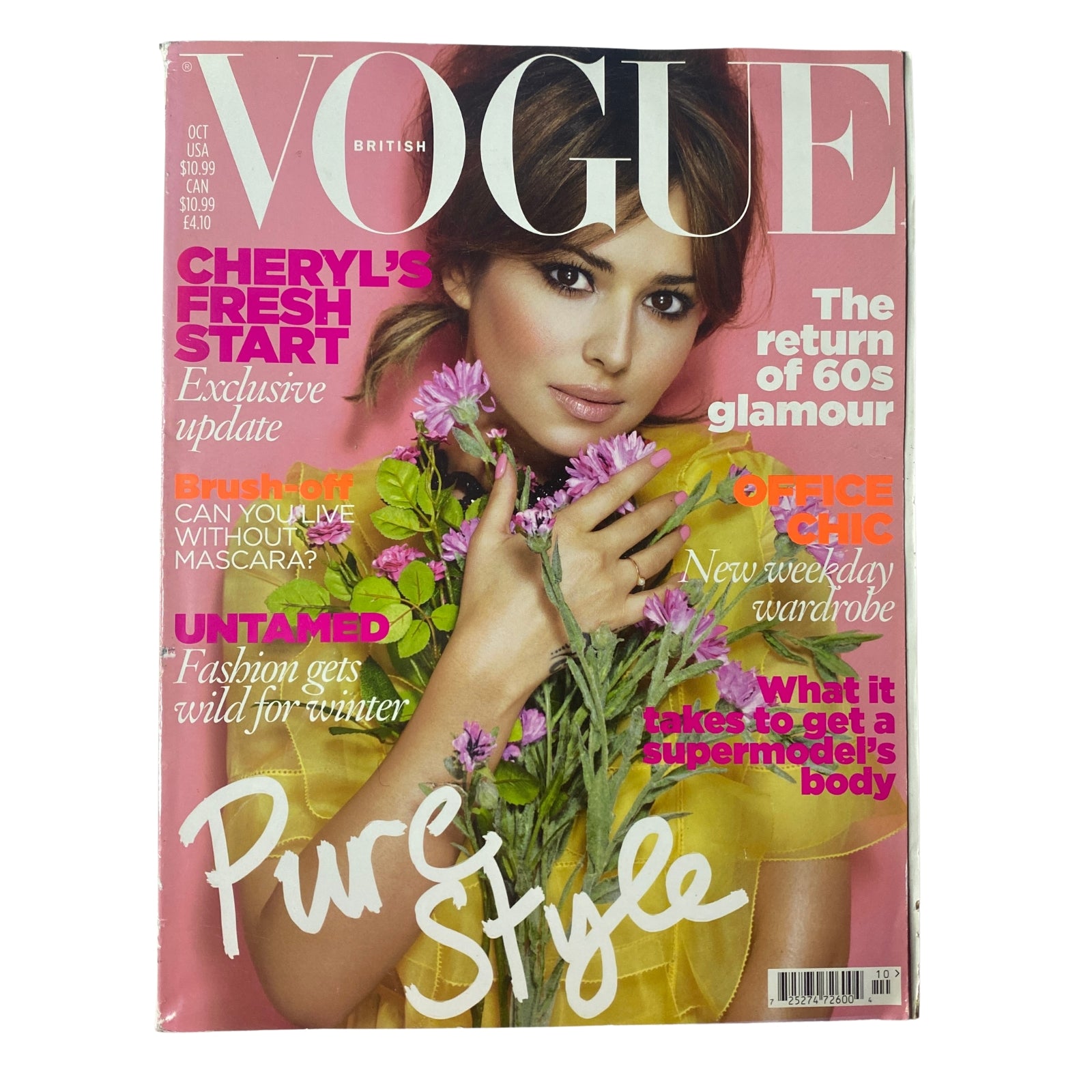 Vogue British Magazine cover from October 2010 featuring Cheryl Cole, highlighting her story 'Cheryl's Fresh Start', and showcasing themes like the return of 60s glamour and a fresh autumn wardrobe.