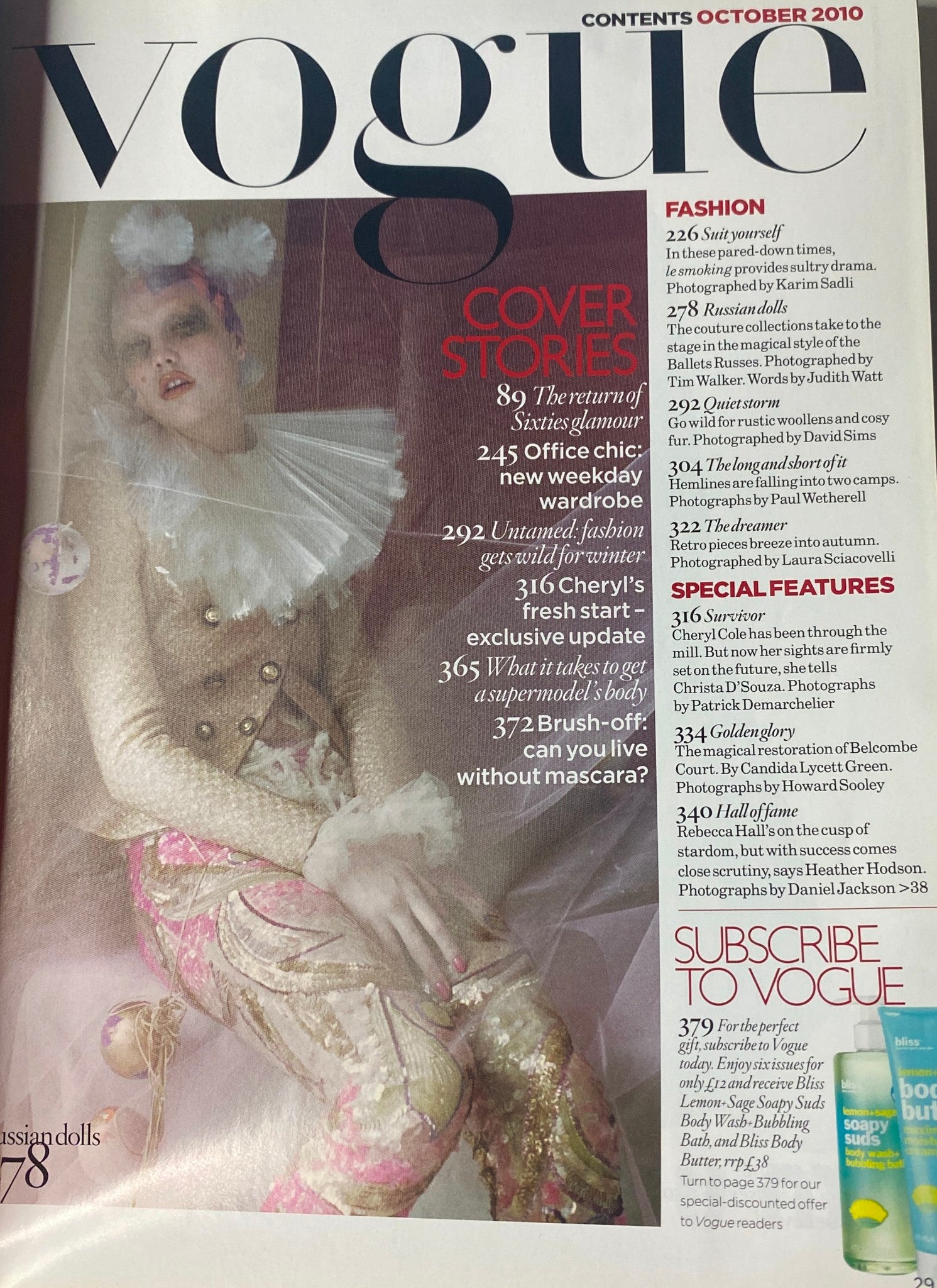Vogue British Magazine October 2010 issue featuring cover stories including 'The Return of Sixties Glamour' and 'Cheryl's Fresh Start'. A chic and stylish portrayal of autumn fashion trends.