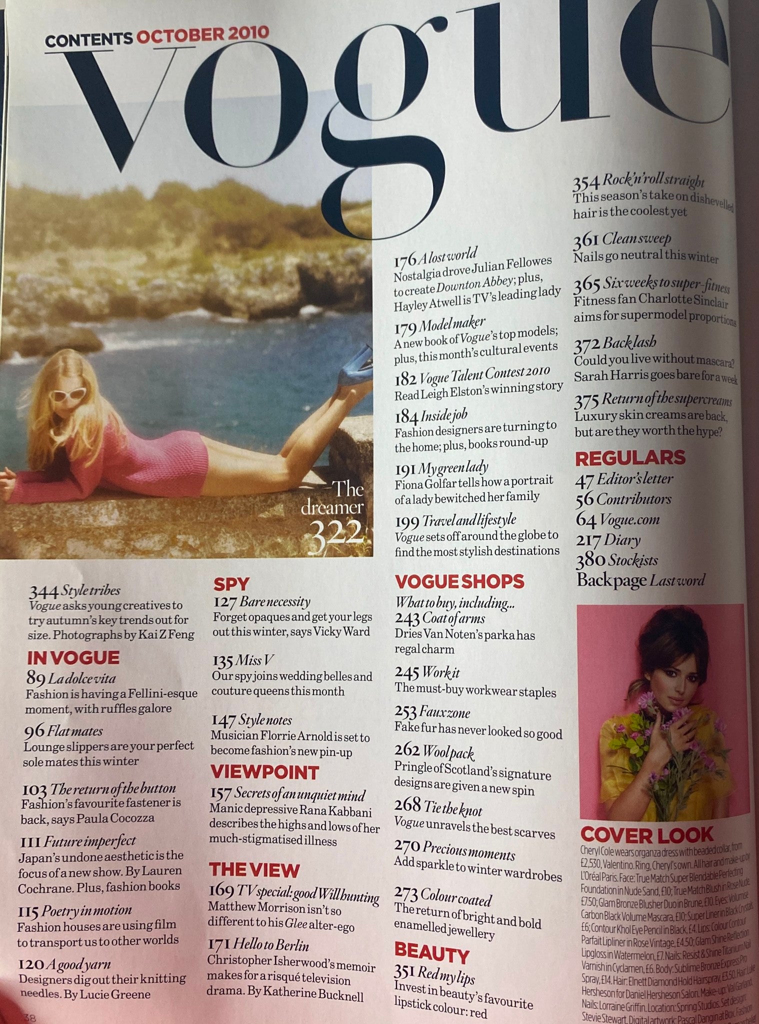 Contents page of Vogue British Magazine October 2010, showcasing articles and fashion features, including styles illustrated by famous photographers. Highlights include 'The Dreamer' and articles about contemporary fashion.