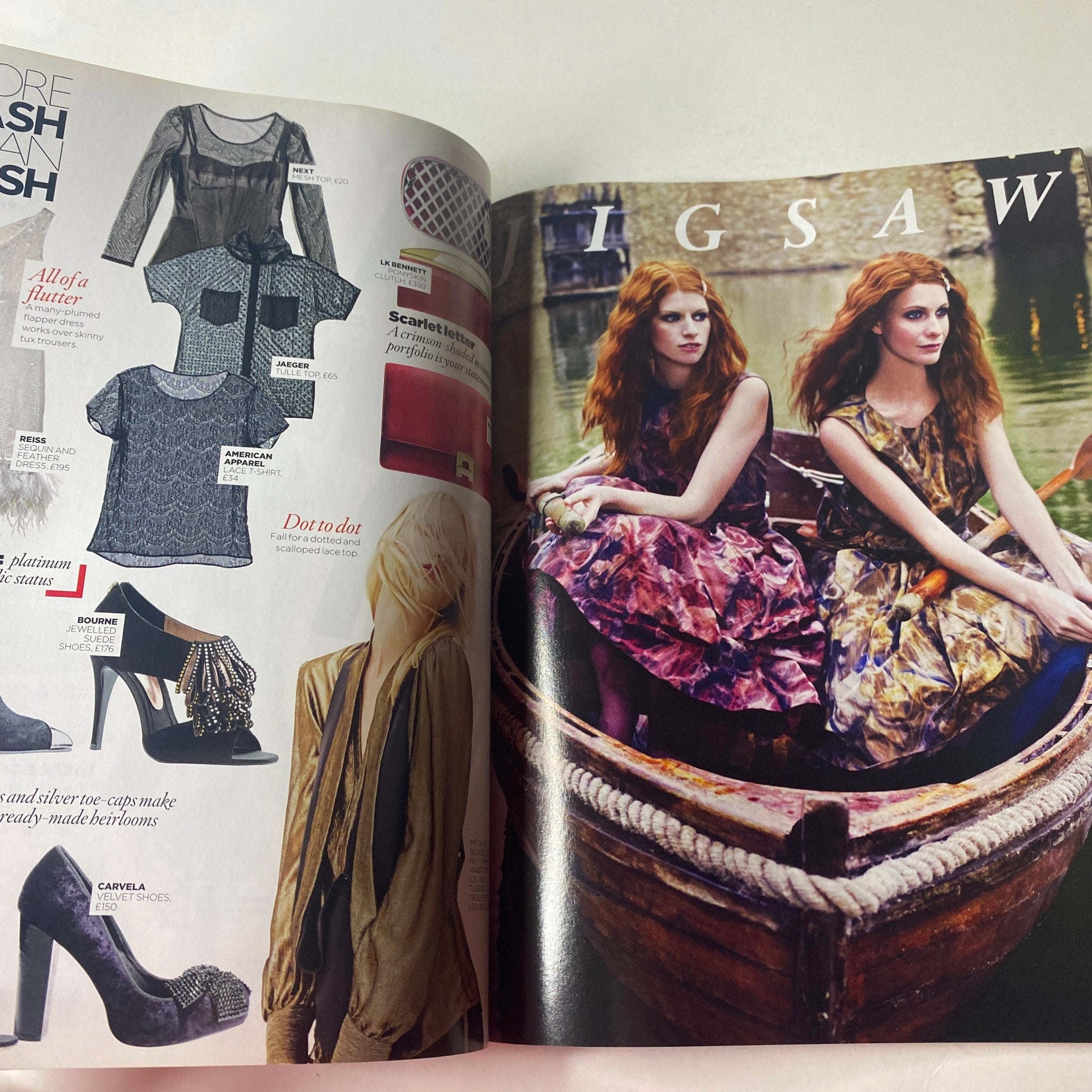 Fashion features from Vogue British Magazine October 2010, showcasing unique pieces like IGSaw fashion items and accessories. The layout highlights contemporary trends and sophisticated styling.