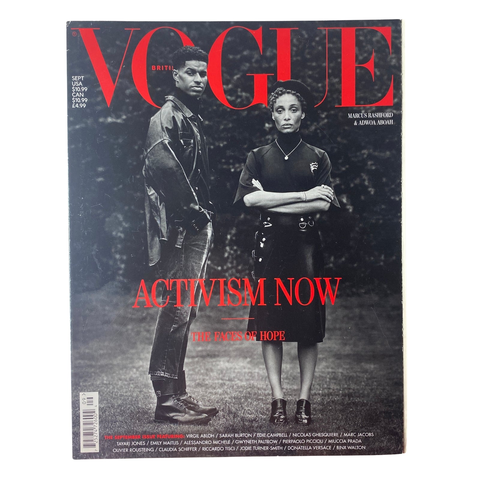 Vogue British Magazine September 2020 featuring Marcus Rashford & Adwoa Aboah on the cover, emphasizing activism with the title 'ACTIVISM NOW'.