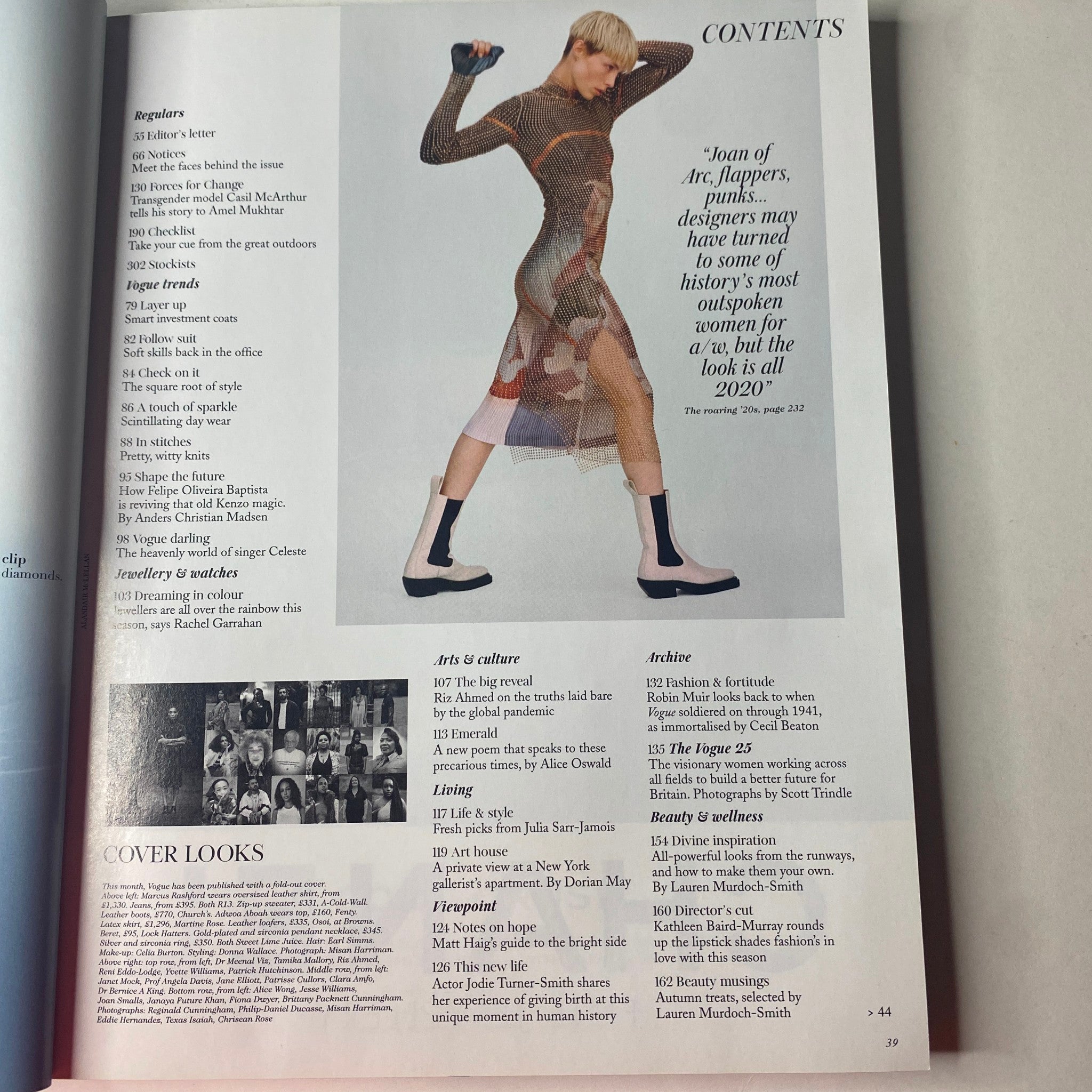 Contents page of Vogue British Magazine September 2020, highlighting various features including 'COVER LOOKS' and articles on fashion and culture.