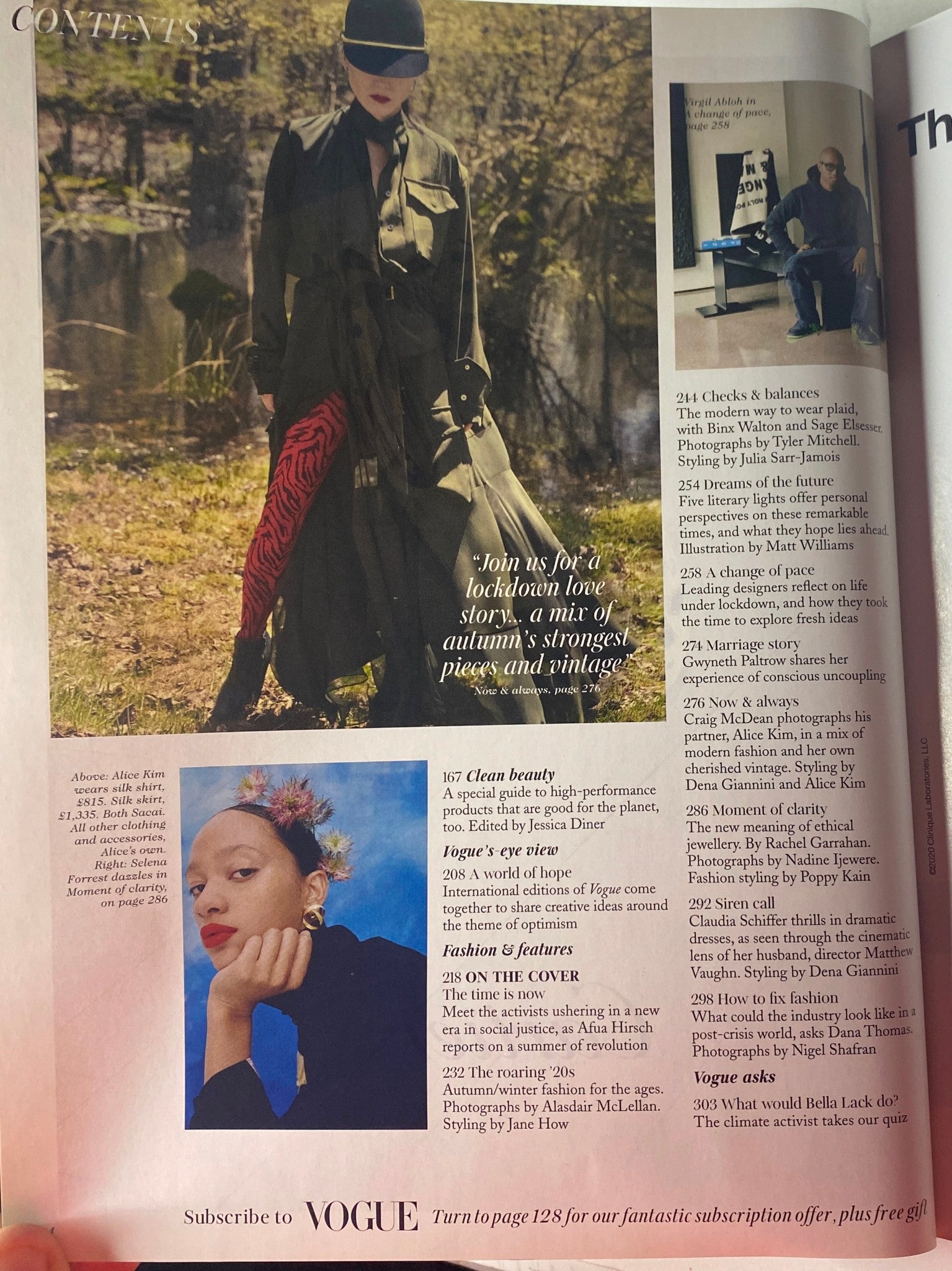 Another contents page from Vogue British Magazine September 2020, displaying a blend of autumn fashion styles and features alongside informative articles.