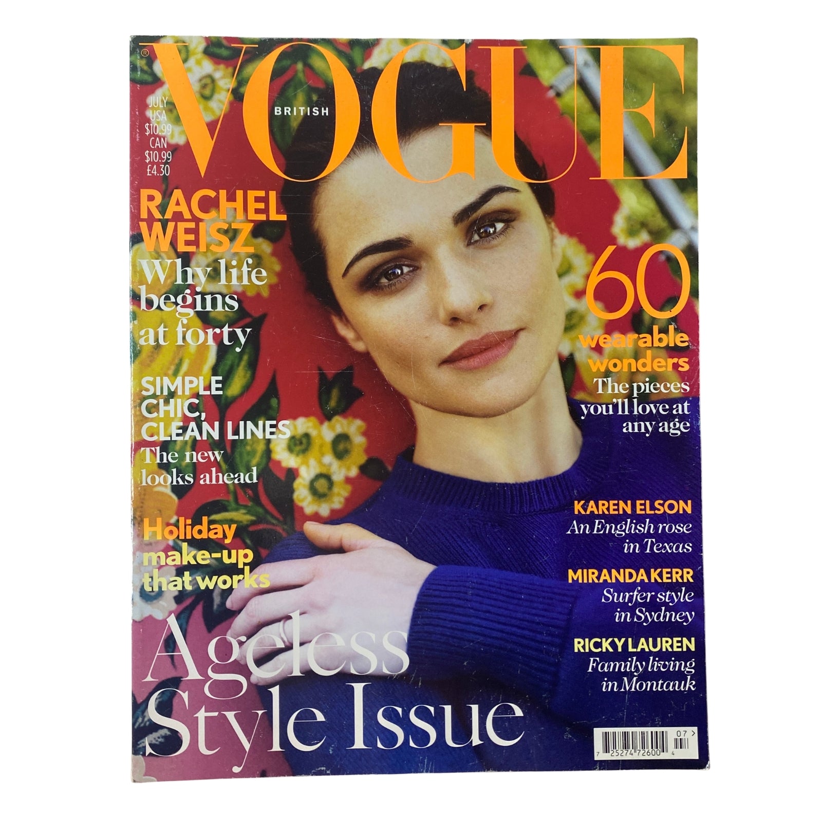 Vogue British Magazine July 2012 Rachel Weisz Cover featuring the actress with elegant makeup and a natural expression. The cover highlights the theme of 'Ageless Style Issue' with articles on fashion and beauty.