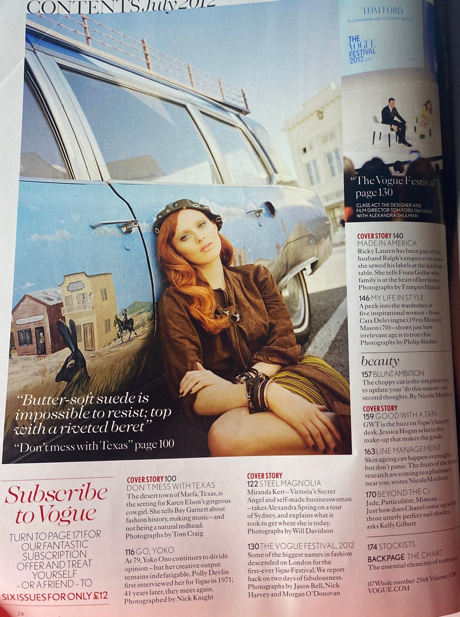 Vogue British Magazine July 2012 Rachel Weisz Cover Contents Page showcasing a model outdoors in a brown suede outfit and a riveted beret.