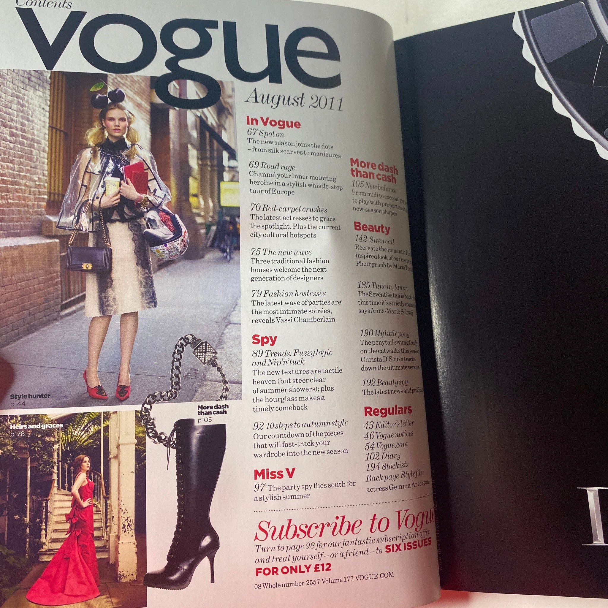 Contents page of Vogue British Magazine August 2011 including fashion highlights, beauty tips, and editorial features, with a focus on Kate Moss.