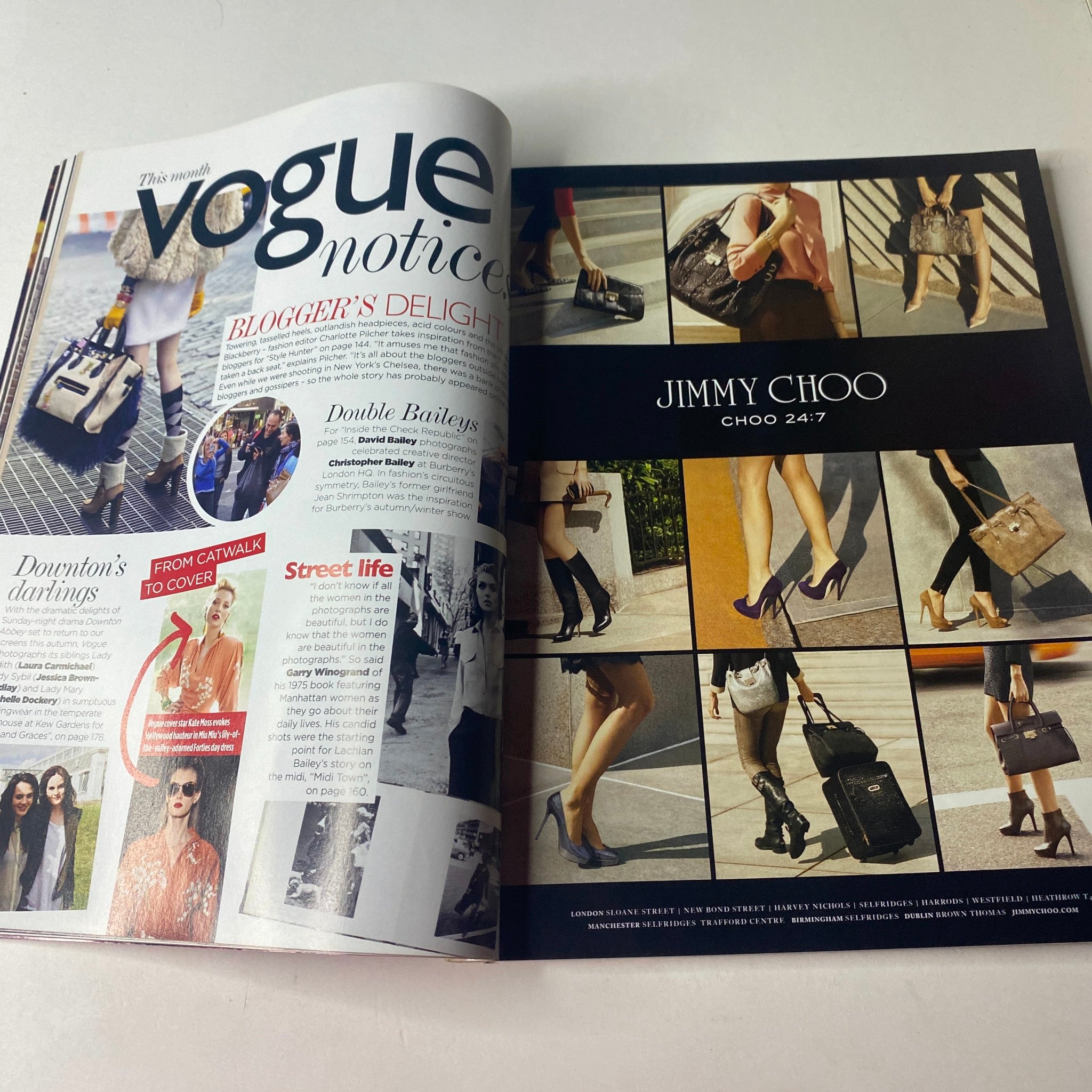 Vogue British Magazine August 2011 notice section featuring Jimmy Choo advertisements and style tips, highlighting modern fashion trends.