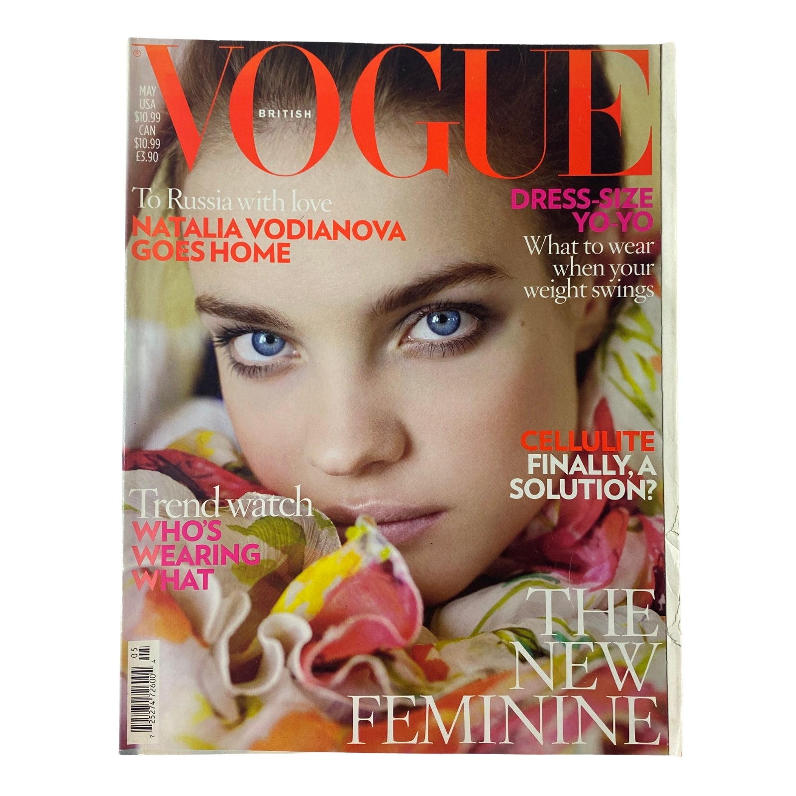 Cover of Vogue British Magazine May 2008 featuring Natalia Vodianova, showcasing her striking eyes and vibrant floral attire, with headlines about fashion, beauty, and trends.